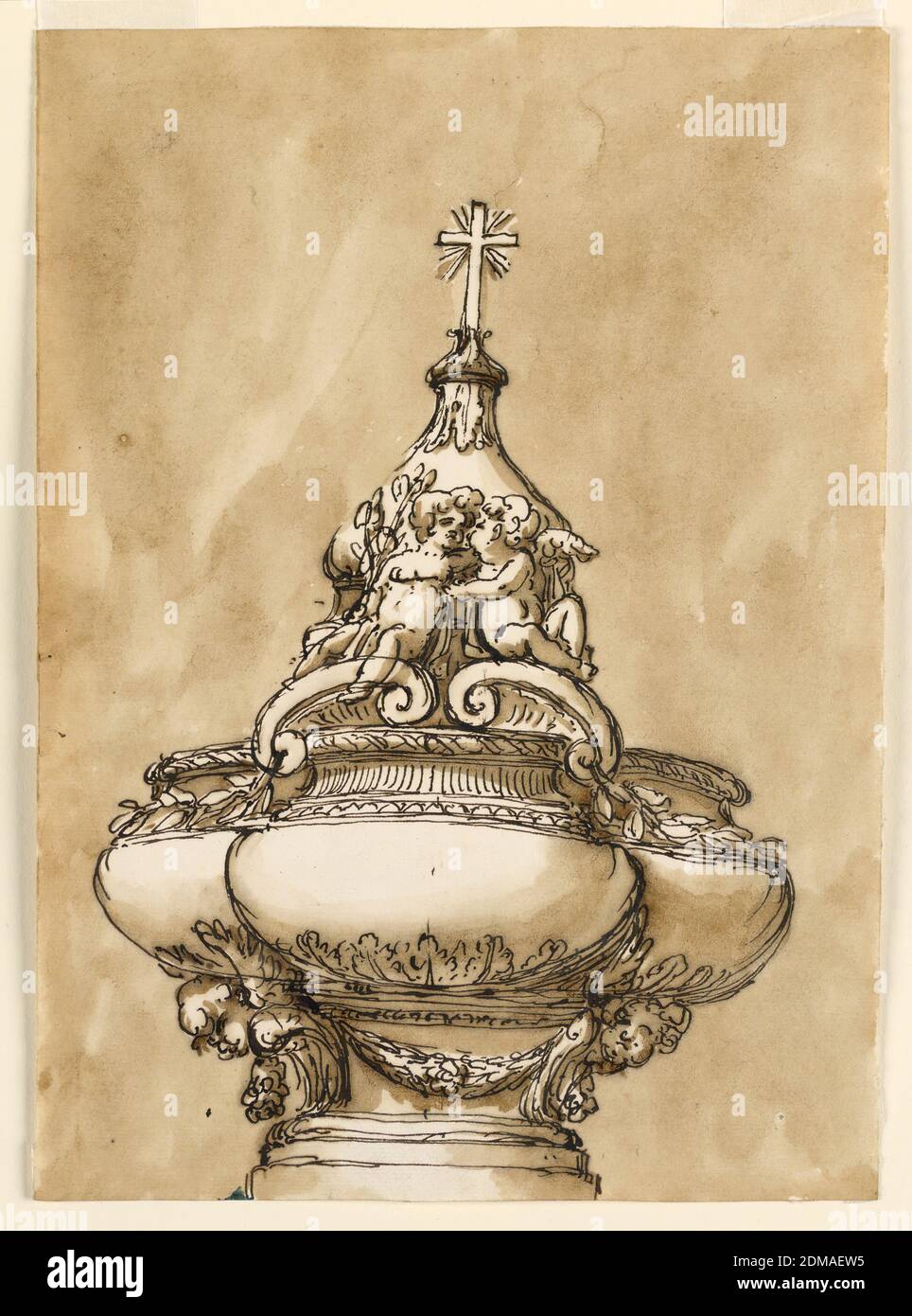 Design for a Baptismal Font, Giuseppe Barberi, Italian, 1746–1809, Pen and brown ink, brush and brown wash on lined off-white laid paper, The plan of the bowl resembles a quatrefoil. Below is a round base and a short shaft, with a festoon supported by two cherubim. The lid has, below, moldings and two pediment volutes at the front upon which two angels sit embracing each other, the left one holding in his right hand flower stems. In the center is an onion-shaped cupola with a cross on top. Usual background., Rome, Italy, ca. 1775, architecture, Drawing Stock Photo