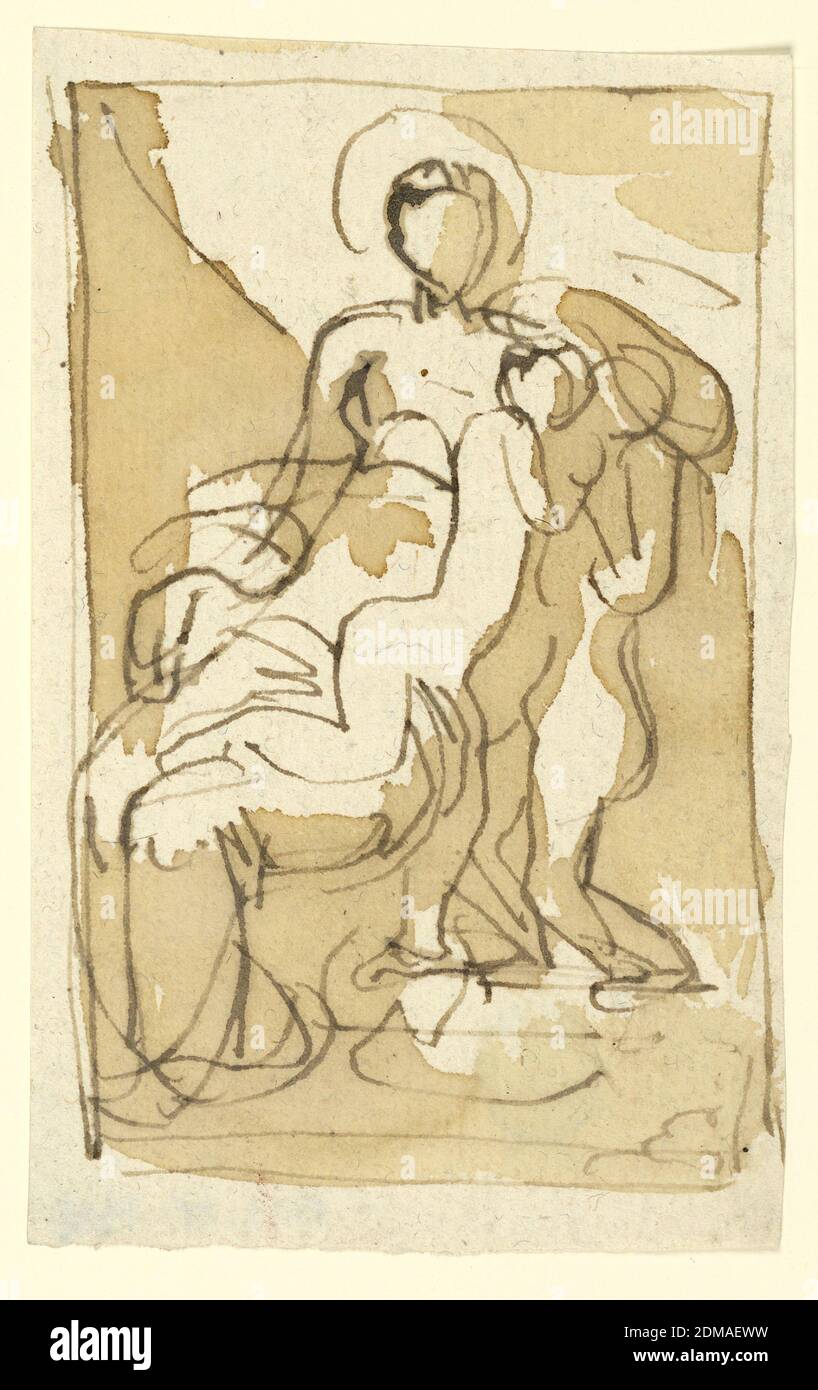 Sketch of the Virgin, the Infant, and St. John, Fortunato Duranti, Italian, 1787 - 1863, Brush and dark brown and sepia wash on paper, The Virgin, sitting. The Infant is leaving her to embrace St. John, standing at right. Framing line., Rome, Italy, 1815-1830, Drawing Stock Photo