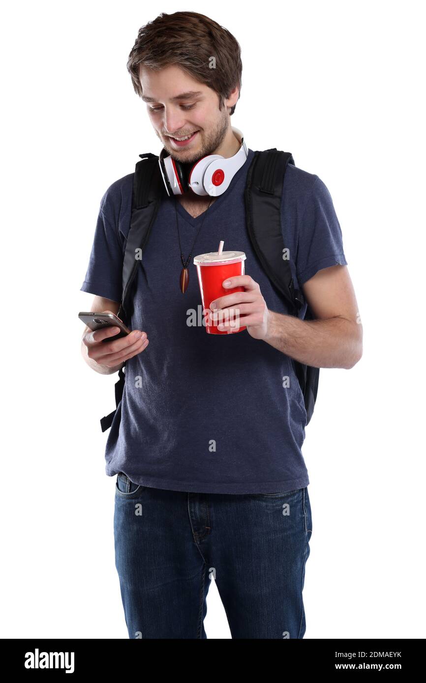 Student mit Handy Smartphone Cola Getränk junger Mann jung Jugendlicher Freisteller freigestellt auf weissem Hintergrund Stock Photo