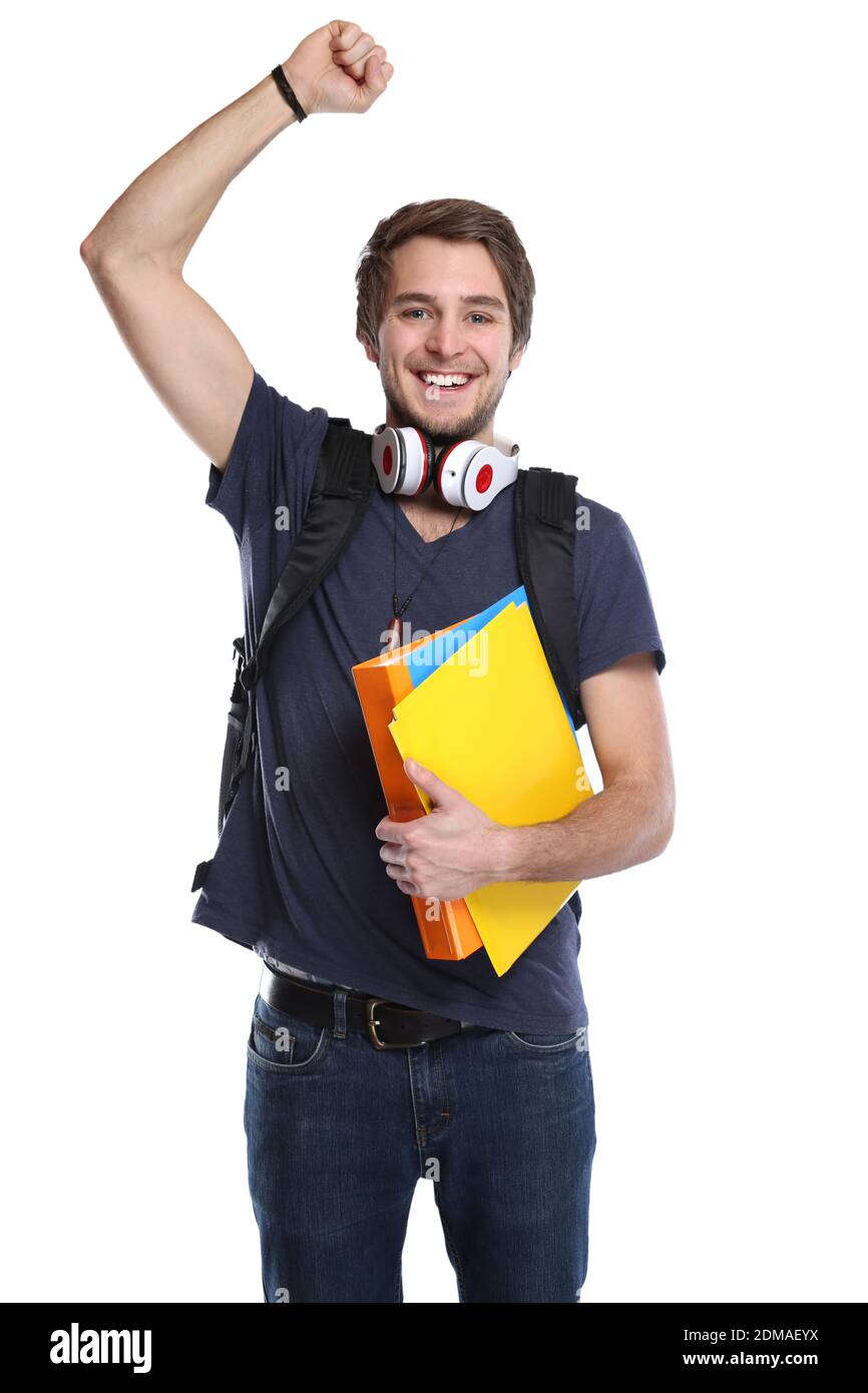 Student Erfolg erfolgreich Freude glücklich jung lachen Freisteller freigestellt auf weissem Hintergrund Stock Photo