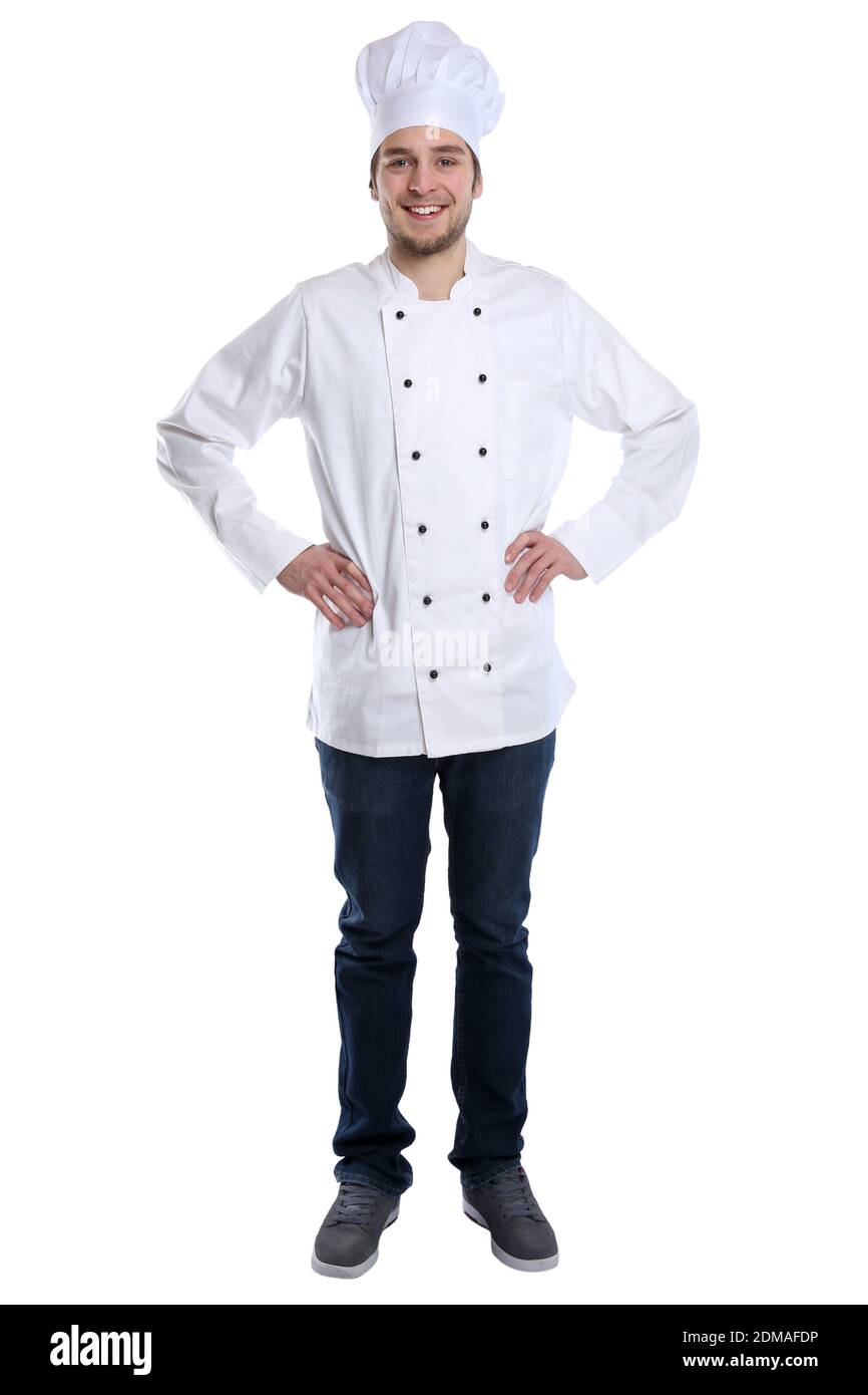 Koch jung Azubi Ausbildung Auszubildender stehen kochen Beruf Freisteller freigestellt vor einem weissen Hintergrund Stock Photo