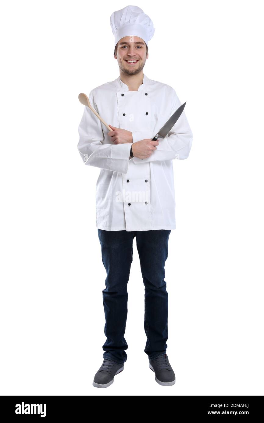Koch jung Azubi Ausbildung Auszubildender kochen Ganzkörper Beruf Freisteller freigestellt vor einem weissen Hintergrund Stock Photo