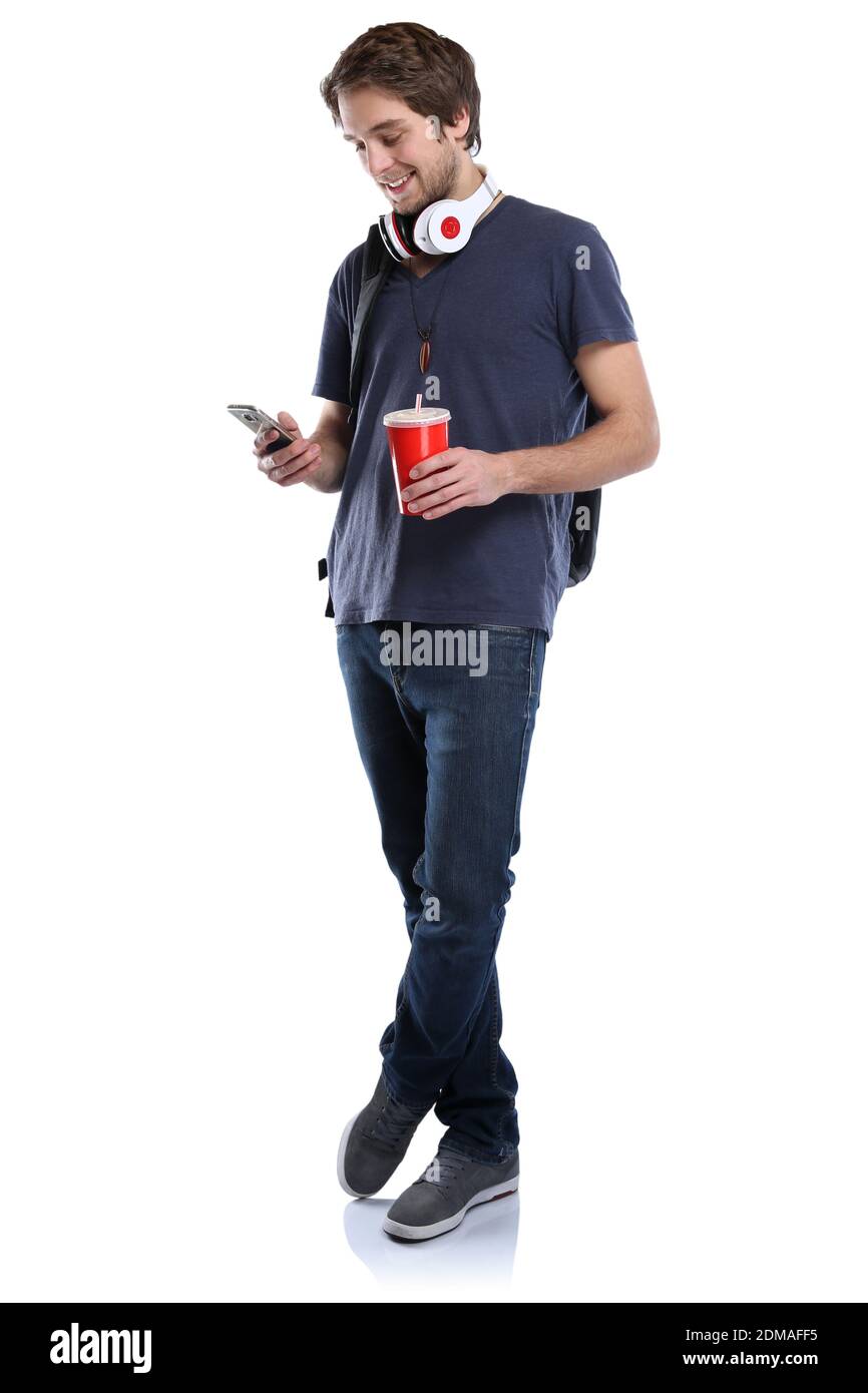 Student mit Handy Smartphone Ganzkörper Portrait Cola Getränk junger Mann jung Freisteller freigestellt auf weissem Hintergrund Stock Photo