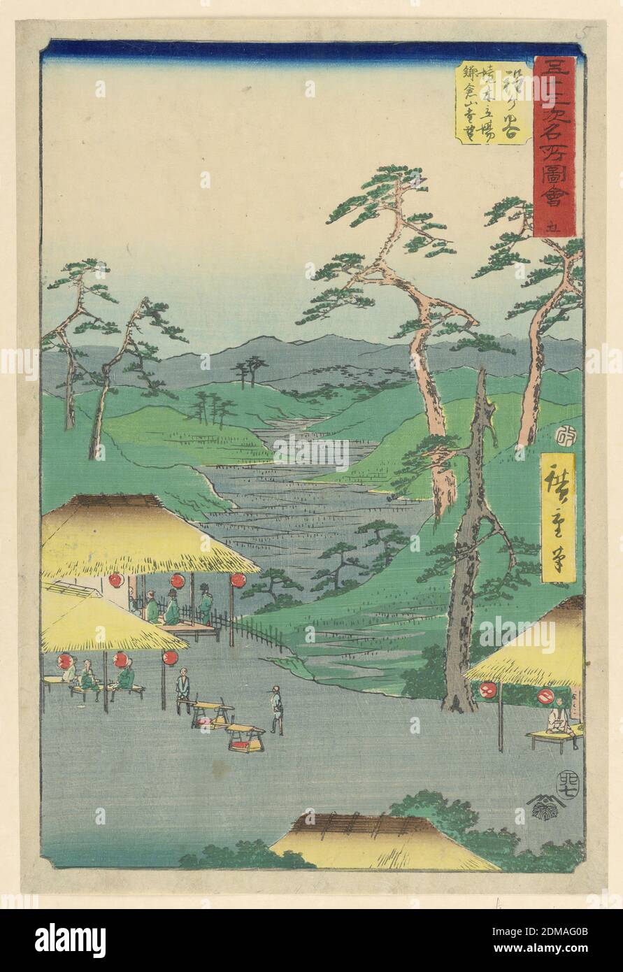 Valley View, Ando Hiroshige, Japanese, 1797–1858, Woodblock print in colored ink on paper, Hiroshige's eye-catching folded valley leads the viewer's eye to meander towards the front of the print. Here we see four partial huts are lit with lanterns. Beneath them, people are resting on benches or standing outside enjoying the day., Japan, 1797-1858, landscapes, Print Stock Photo