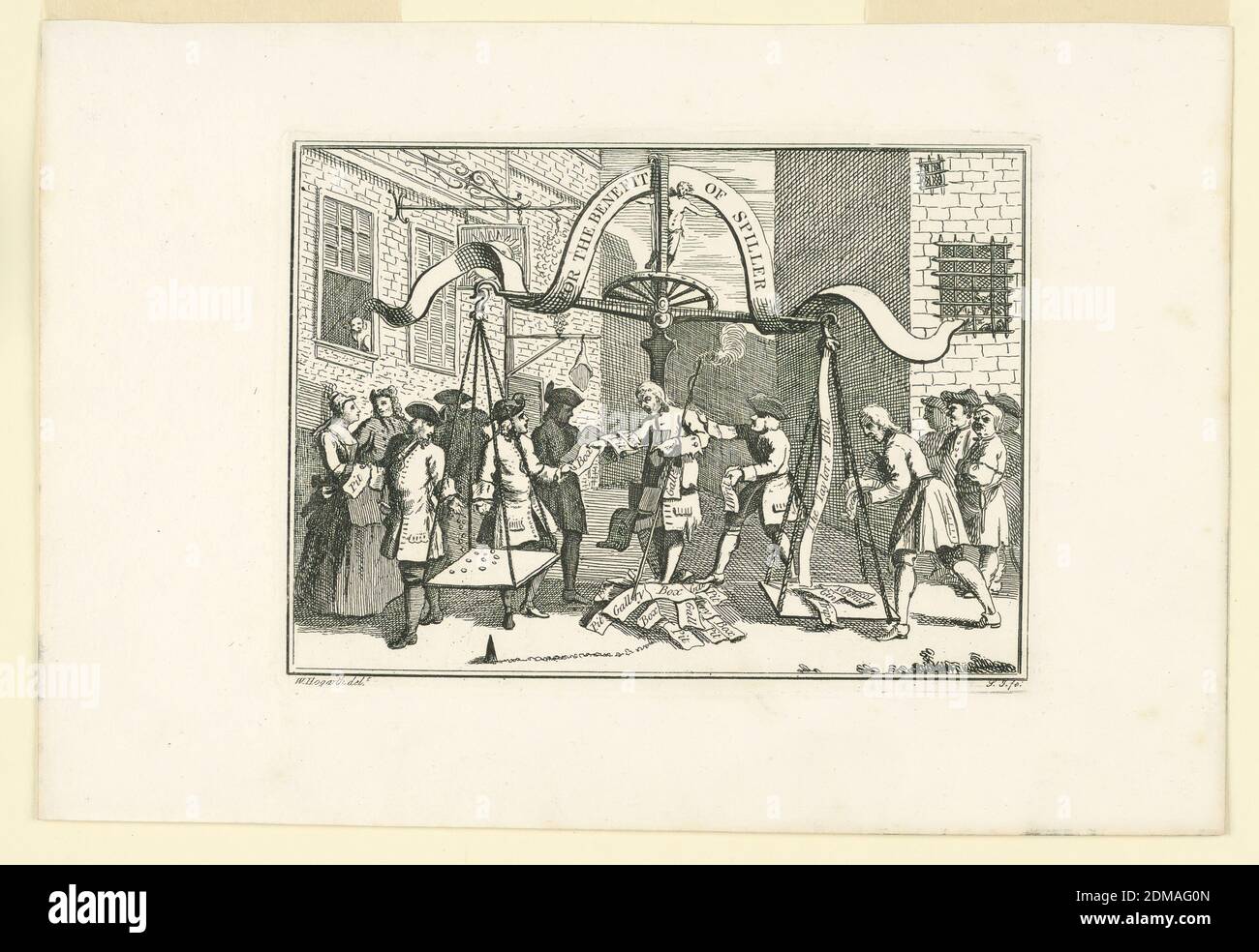 Ticket for the Benefit of Spiller, the Player, Samuel Ireland, English, ca. 1744–1800, William Hogarth, English, 1697 - 1764, Etching on paper, A street scene most likely from a play. In immediate foreground many figures. In the middle a man with immense scales behind him. He is weighing cards with names of politicians., England, 1794, Print Stock Photo