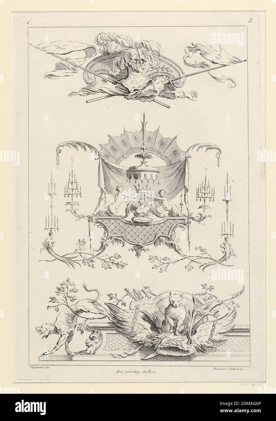 Page Three from 'Toisieme Livre Contenant Des Frises ou Paneaux en Longueur Inventés Par G. M. Oppenort Architecte du Roi et Gravés par Huquier', Gilles-Marie Oppenord, French, 1672–1742, Gabriel Huquier, French, 1695–1772, Etching on paper, Three different ornamental compositions in sequence. The first: military trophies; second: derived from grotesque with central figures: two women crowning a winged bust. The third: two dogs on a pedestal among grotesque ornaments. Inscribed, upper left: 'C'; upper right: '3'; lower left: 'Oppenort inv.'; lower right: 'Huquier sculp. et ex.' Stock Photo