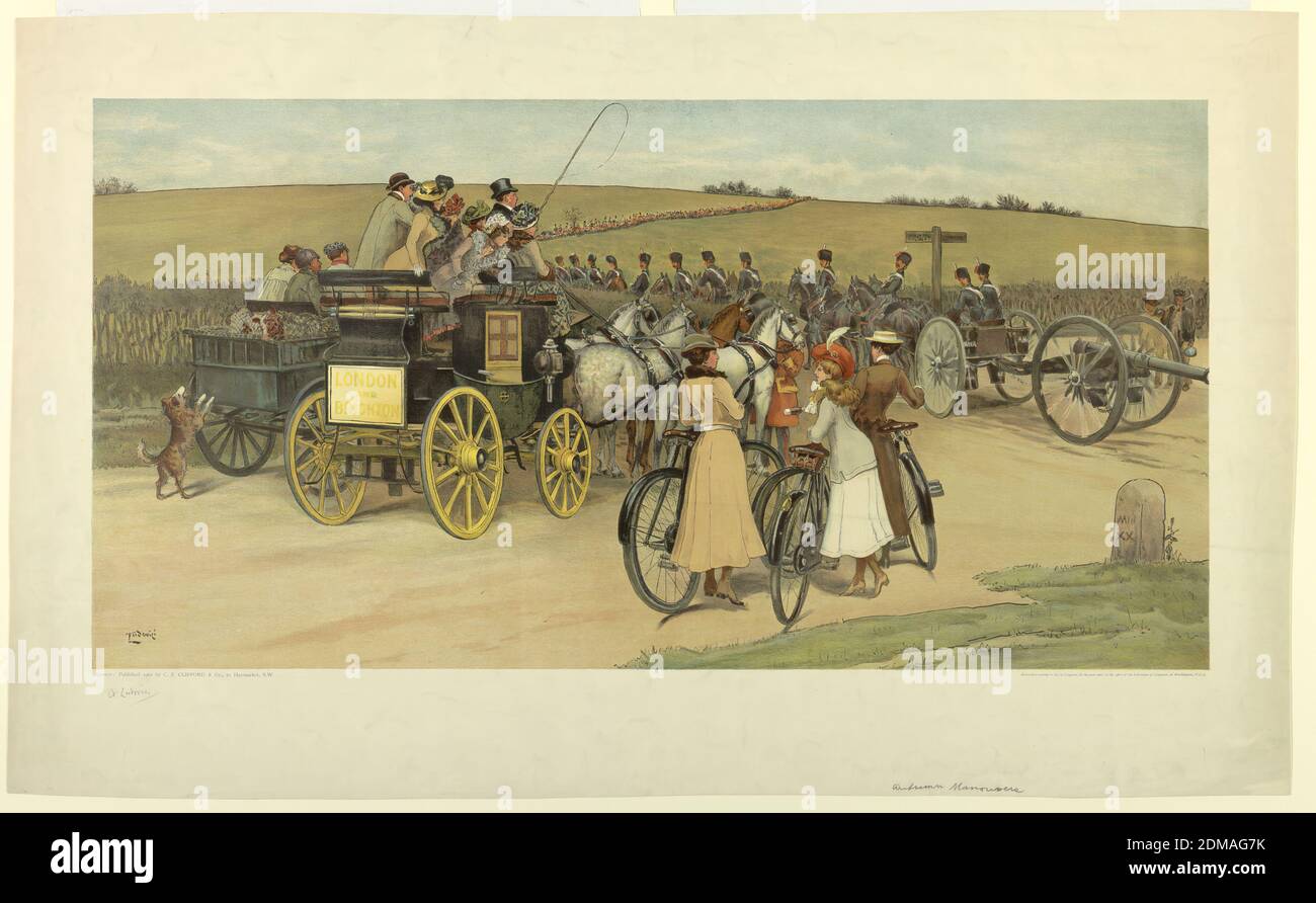 Autumn Maneuvers, Albert Ludovici, C. E. Clifford & Co., British, 1887 - 1909, Chromolithograph on paper, A field with infantry and horse troops. In the foreground, a London and Brighton coach, women with bicycles, and a cannon. Artist's name, lower left. Below in graphite, and the date, title and publisher's name., London, England, Paris, France, 1901, Chromolithograph, Chromolithograph Stock Photo