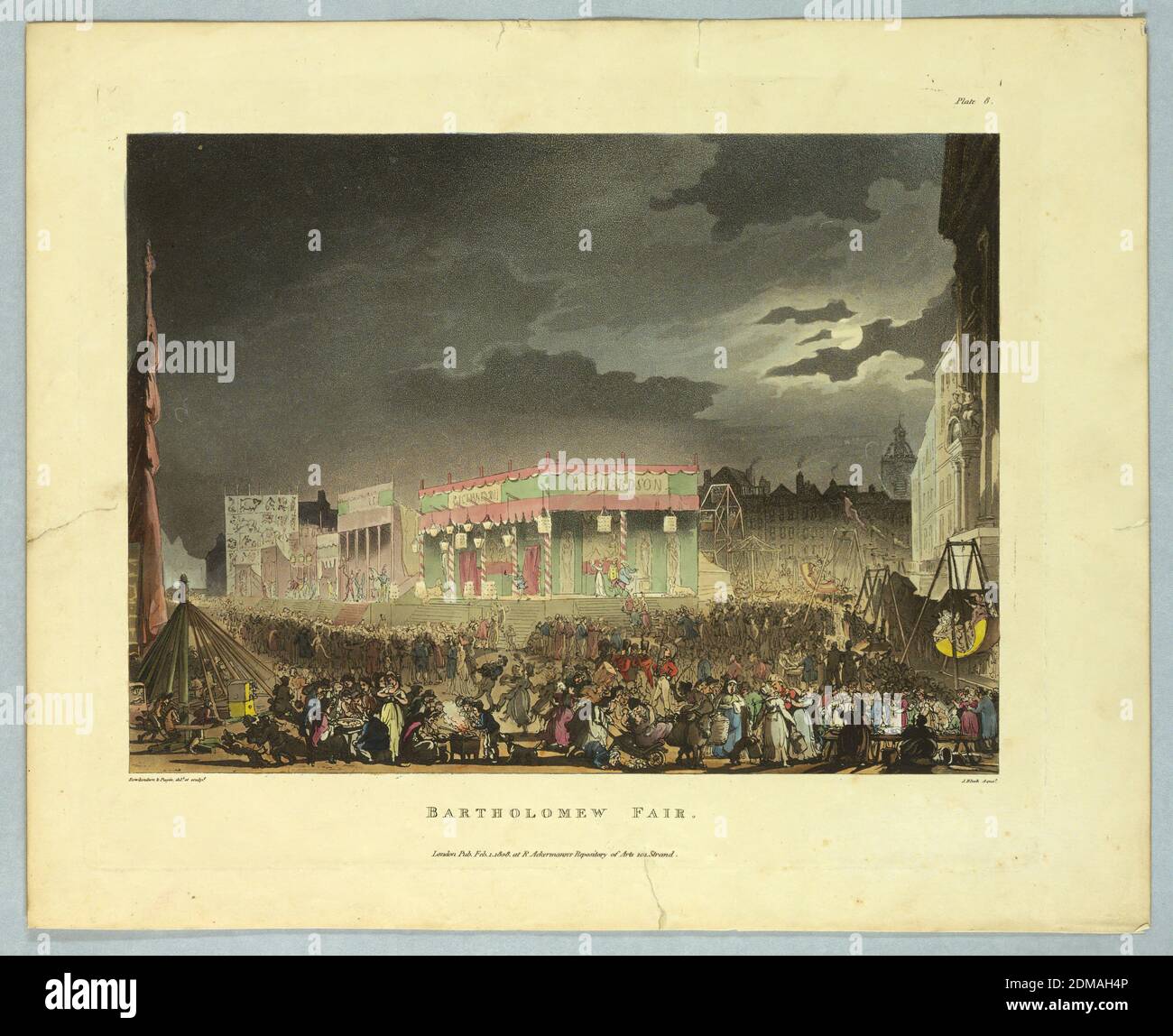Bartholomew Fair, from 'Ackermann's Repository', Thomas Rowlandson, British, 1756–1827, Augustus Charles Pugin, French, active Great Britain, ca. 1762–1832, John Bluck, British, 1791–1832, Aquatint, brush and watercolors on paper, Night scene of the fairground, extremely crowded. In foreground, small concessions with rides left and right. Center left, tents for amusements and oddities. Title, artists', and publisher's names below., Europe, London, England, 1808, Print Stock Photo