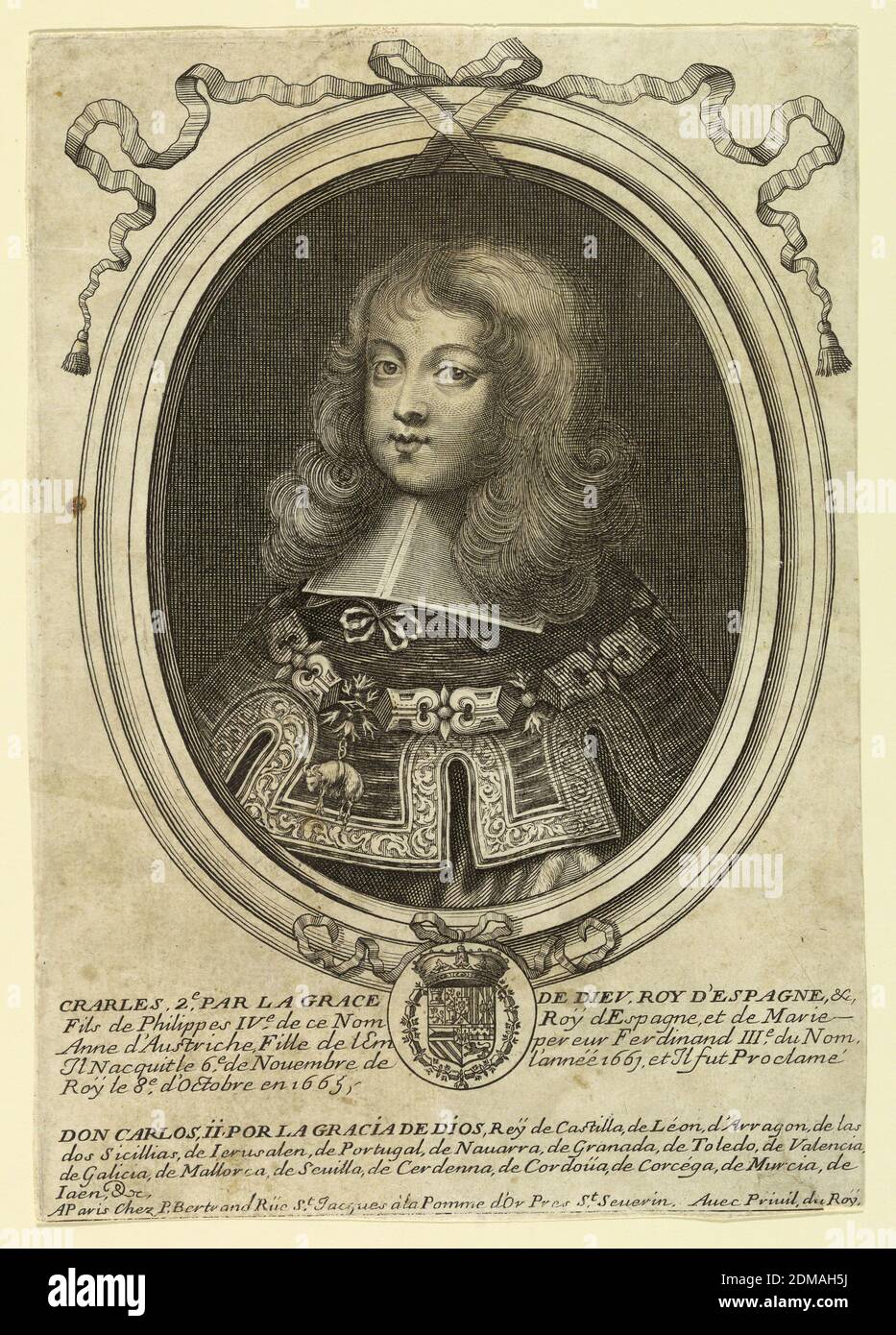 Portrait of Charles II of Spain (1661-1700), Engraving on paper, Charles II as a young boy of about six years of age at the time he was proclaimed king. The handsome boy with long blond hair is depicted in three-quarter view to left. He wears the royal robe with the order of Toison d'or; his name inscribed on the frame, below., France, 1665-1670, Print Stock Photo