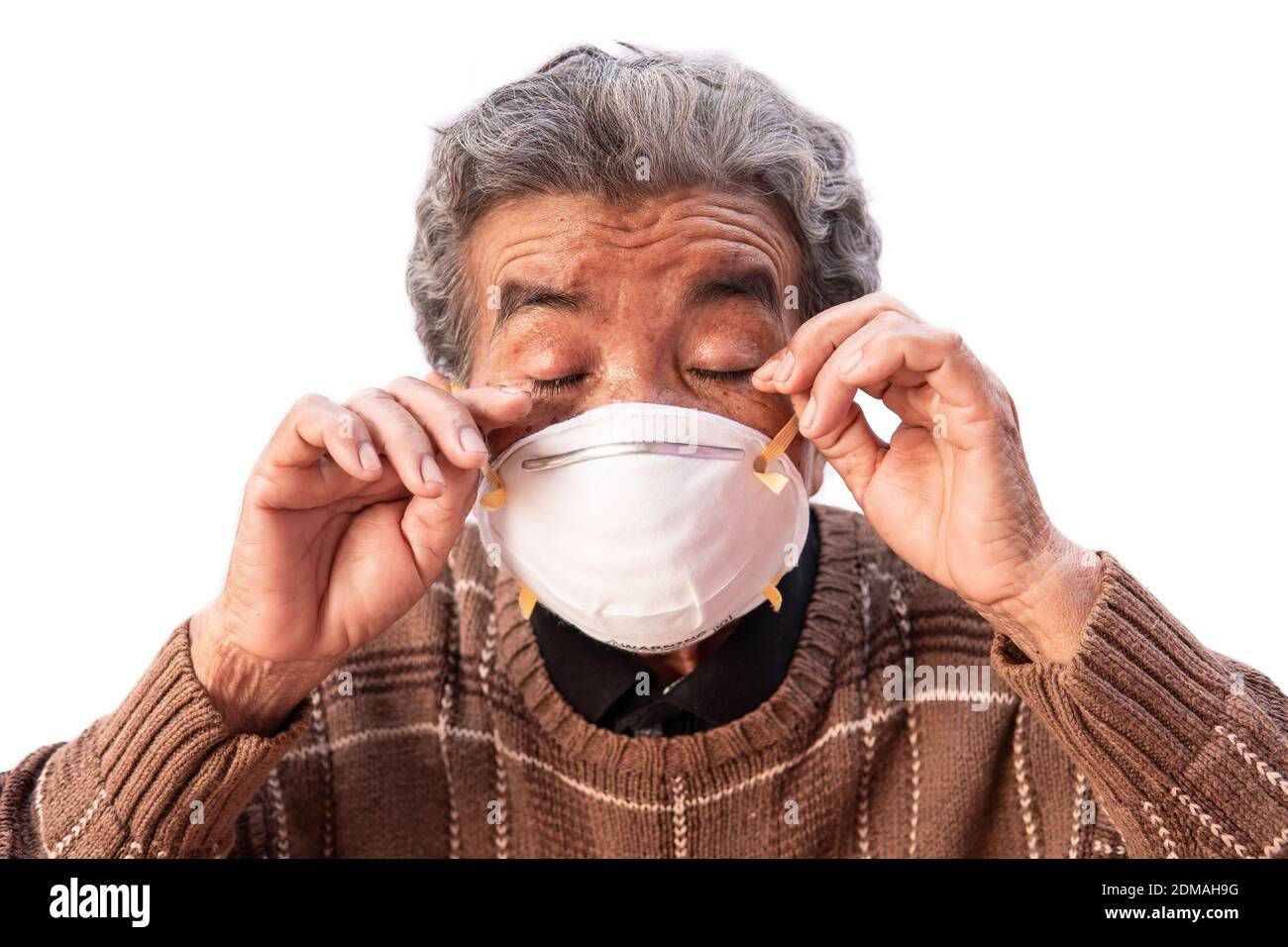 Woman Wearing Gas Mask Against White Background Stock Photo Alamy