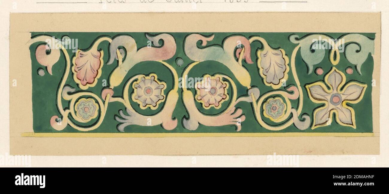 Decorative panel for July Festival, Félix-Jacques Duban, French, 1798 - 1870, watercolor, gouache, black ink, wash, graphite on tan paper mounted on off-white laid paper, Design for a panel ornamented with an abstract vine motif and flowers in pink, blue, green, and yellow on a green ground., 1835, architecture, Drawing Stock Photo