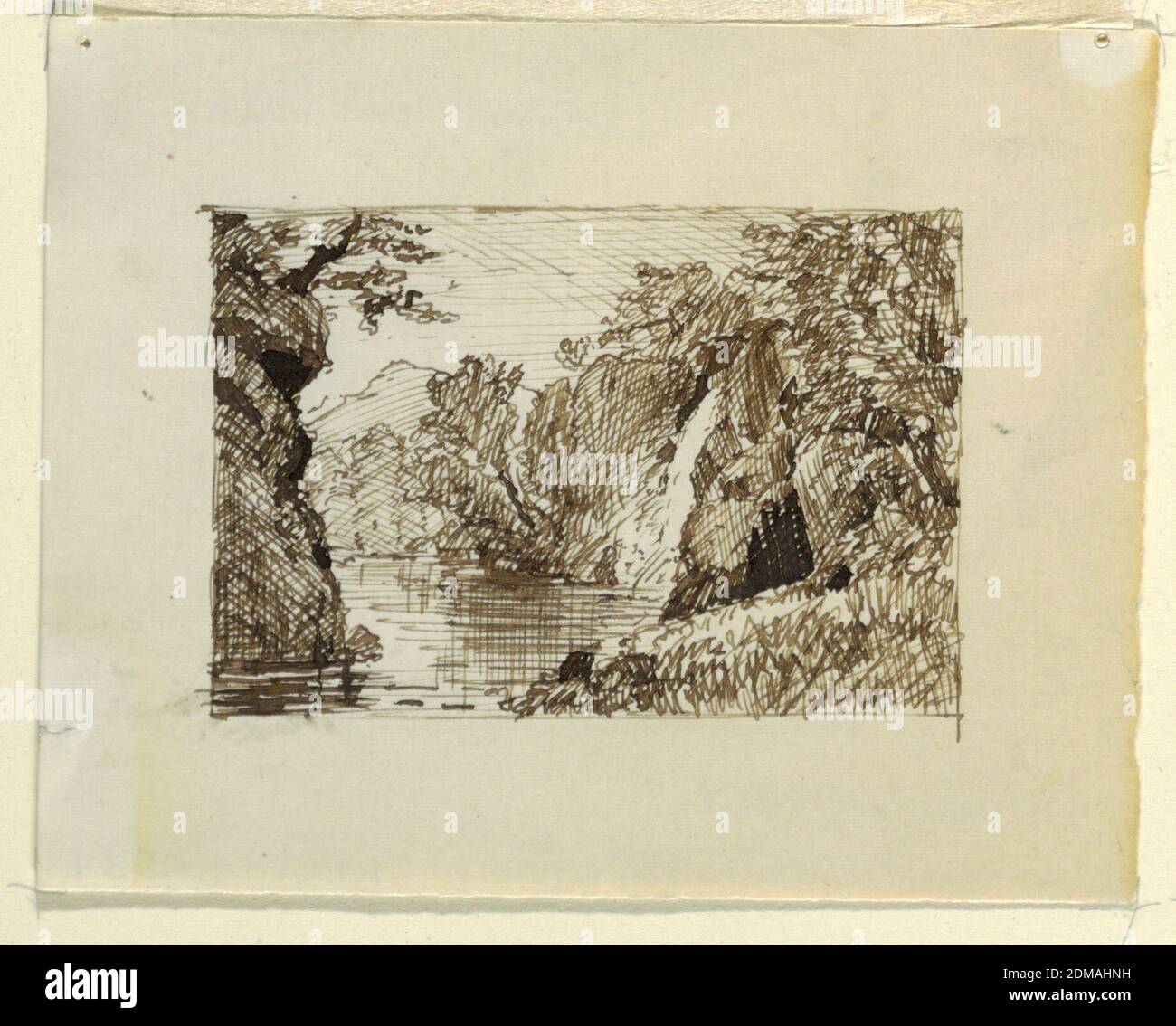 Imaginary Landscape, Pen and dark brown ink on paper, USA, ca. 1870–73, landscapes, Drawing Stock Photo