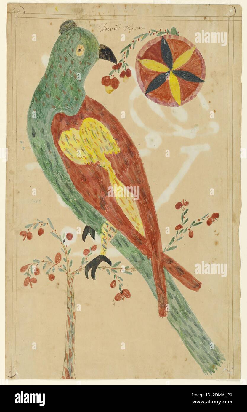 Fraktur: Bird and Flowers, Calligraphy in brown ink, brush and watercolor on paper, Green parrot with red and yellow wings and black feet, on a branch with red berries. Upper right, a red, black, and yellow flower, and another branch. Name above, and initials on verso., Pennsylvania, United States, Paris, France, ca. 1830, Calligraphy, Calligraphy Stock Photo