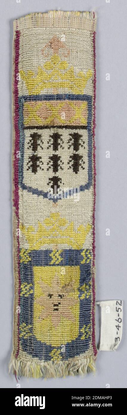 Trimming, White, black, and colored silk in uncut velvet weave., Two crowned shields; one shows seven bees under three crosses, and the other show a sun-face within a border with stars (?) in blue, pink, yellow, and black on white., Spain, 18th century, trimmings, Trimming Stock Photo