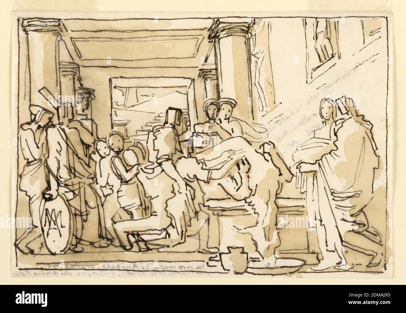 Sketch, Funereal or Deathbed Scene in Classical Interior, Fortunato Duranti, Italian, 1787 - 1863, Pen and ink, brush and sepia wash on paper, Sketch, Funereal or Deathbed Scene in Classical Interior, Rome, Italy, 1820–1850, Drawing Stock Photo