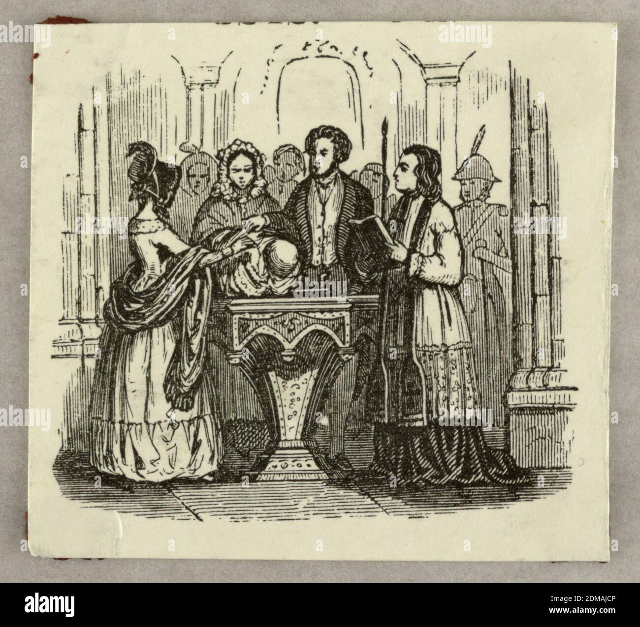 Baptism, Wood engraving on paper, Two women, the father and the priest