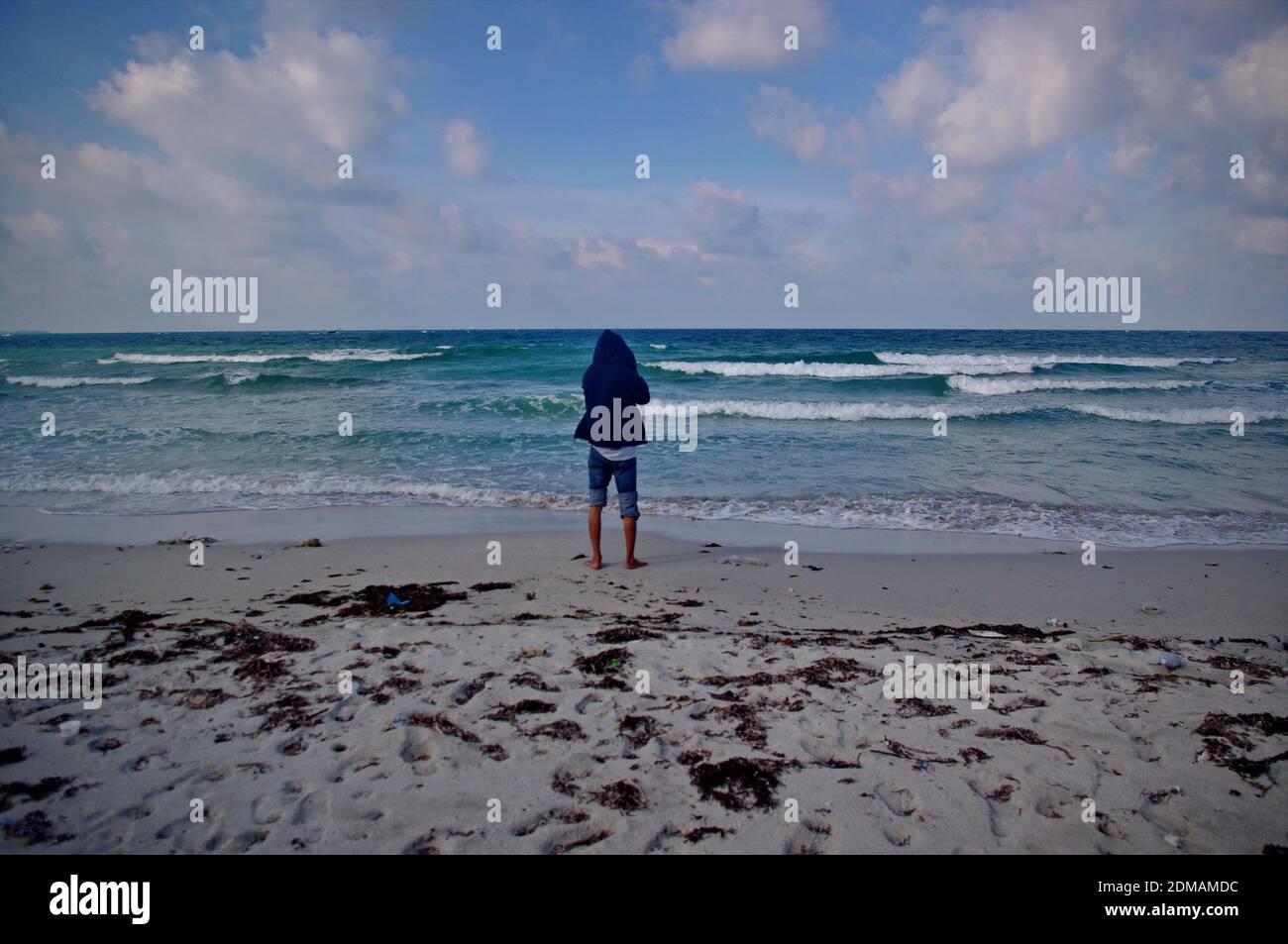 Rear View Of Woman Standing On Beach Against Sky Stock Photo