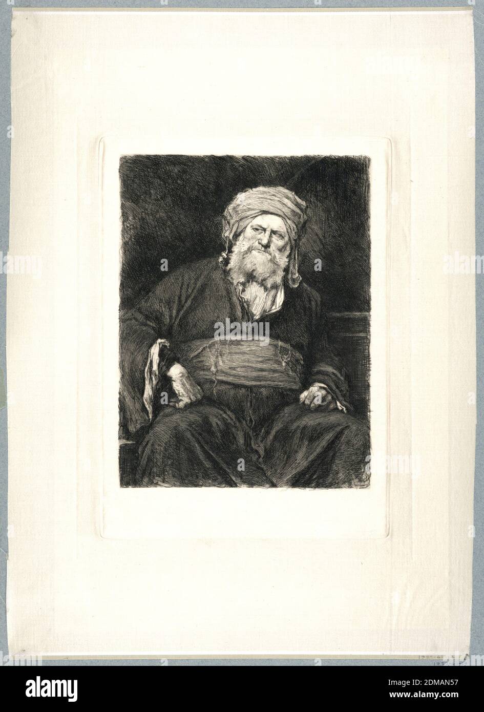 Pharisian, William Unger, German, 1837 - 1932, Michael Munkacey, 1844 - 1909, Etching in dark brown ink on white satin, Knee length portrait of a large man seated frontally, wearing robes and a turban. His glance is directed to the left, his right hand leans on his right thigh., Germany, ca. 1880, Print Stock Photo