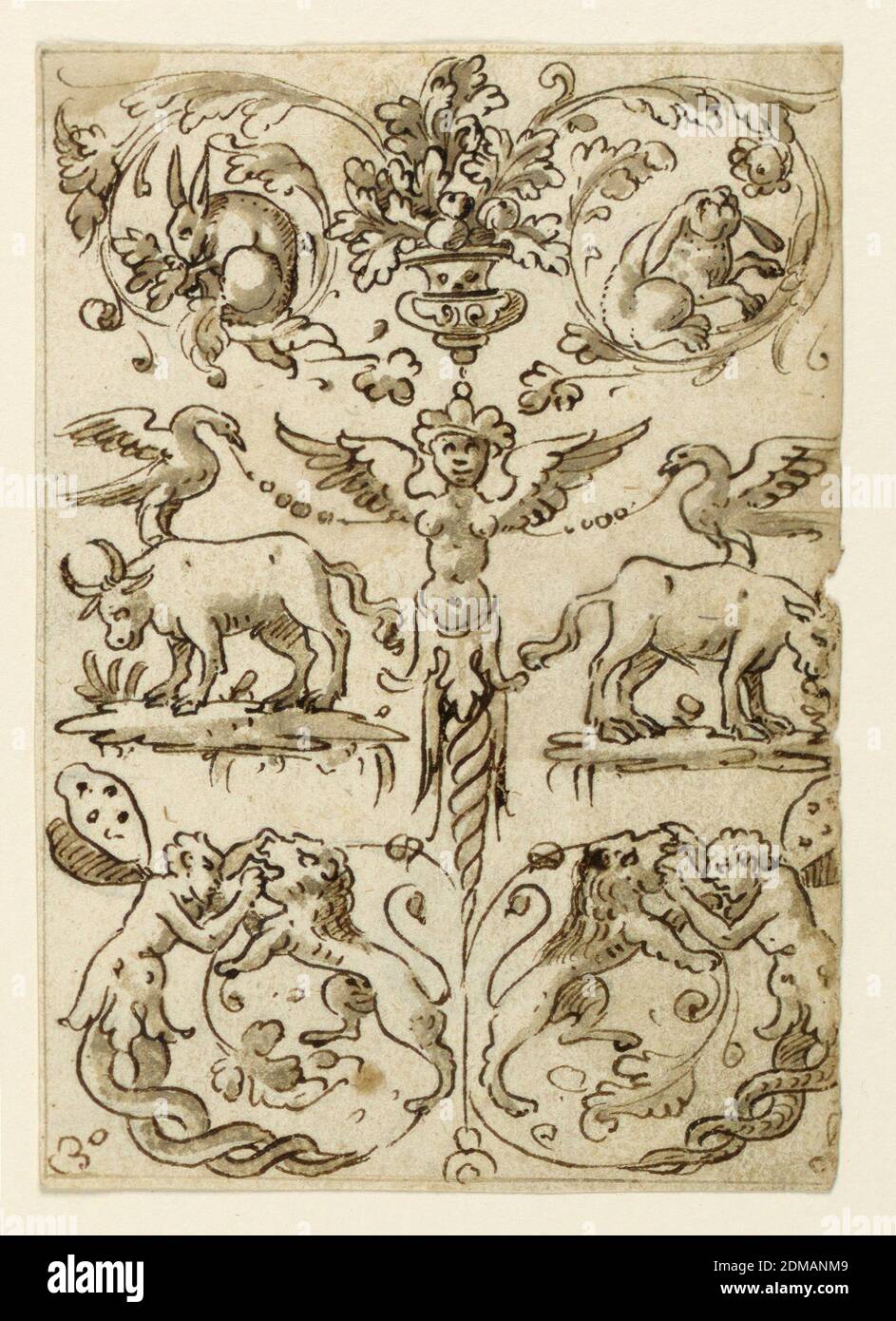 Grotesque Panel, black chalk, pen and ink, brown, grey wash on paper, Vertical rectangle. Symmetrical scheme with slight deviations in details. A candelabrum is in the middle framed by a gaine with a winged female throax, carrying upon the head a fruit bowl, from which branch spirals spring. In these are rabbits. Bead festoons are fastened to the wings. Their other ends are carried by geese standing upon oxen. Below are lions rampant in whose mouths half figures with butterfly wings and entwined snake legs look. Framing lines above, at left, below., Italy, 1570–1600, Drawing Stock Photo