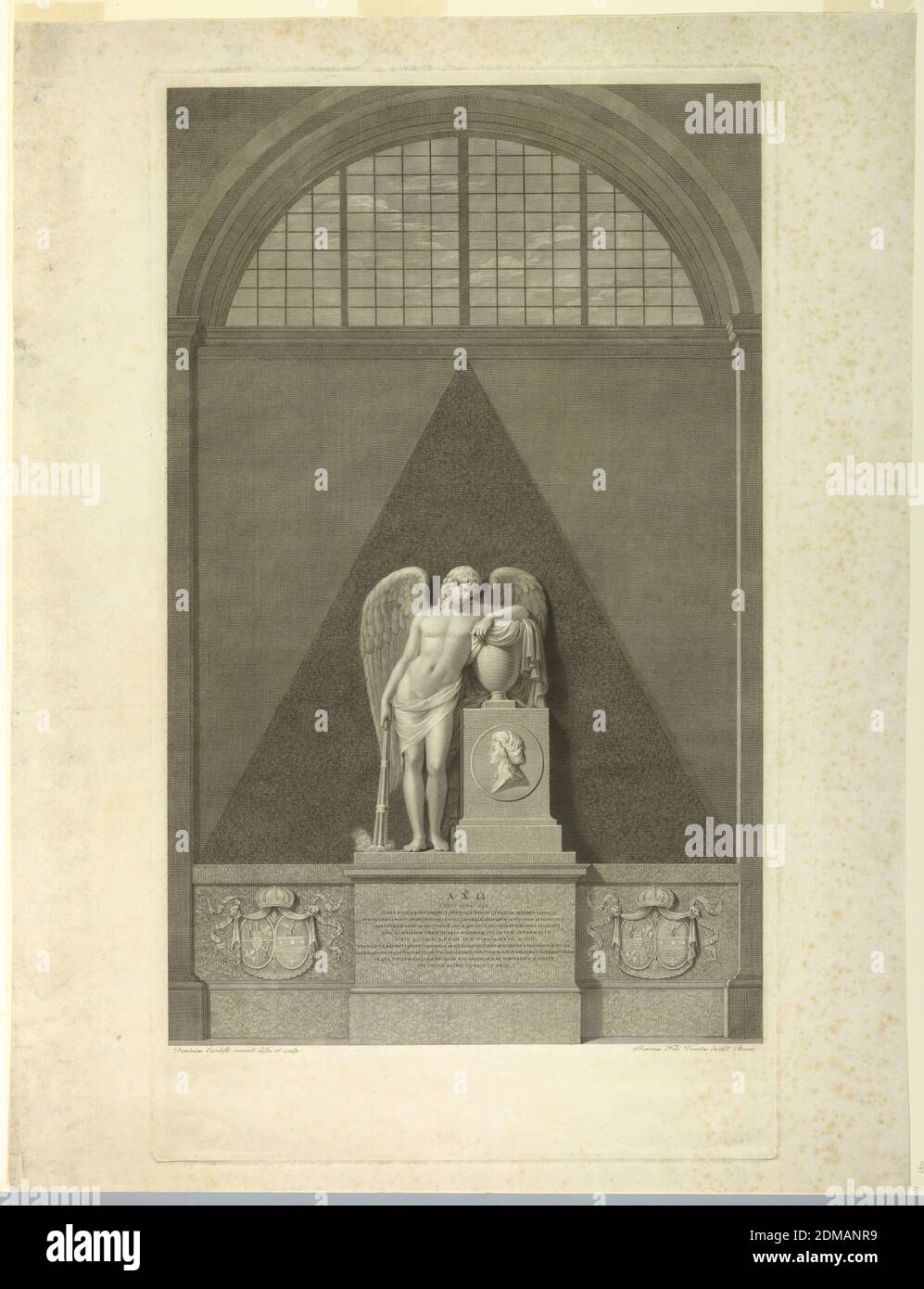 The Tomb of Clara-Maria of Saxony, Domenico Cardelli, Italian, active 1786-1810, Giovanni Folo, Engraving on paper, Under a lunette window is the wall tomb of Clara Maria Rosa Spinucci, Princess of Saxony (d. 1792), in the Cathedral of Fano. Before a pyramid, a winged figure is about to extinguish a torch; beside it, a medallion portrait of the deceased., Rome, Italy, ca. 1800-1810, Print Stock Photo