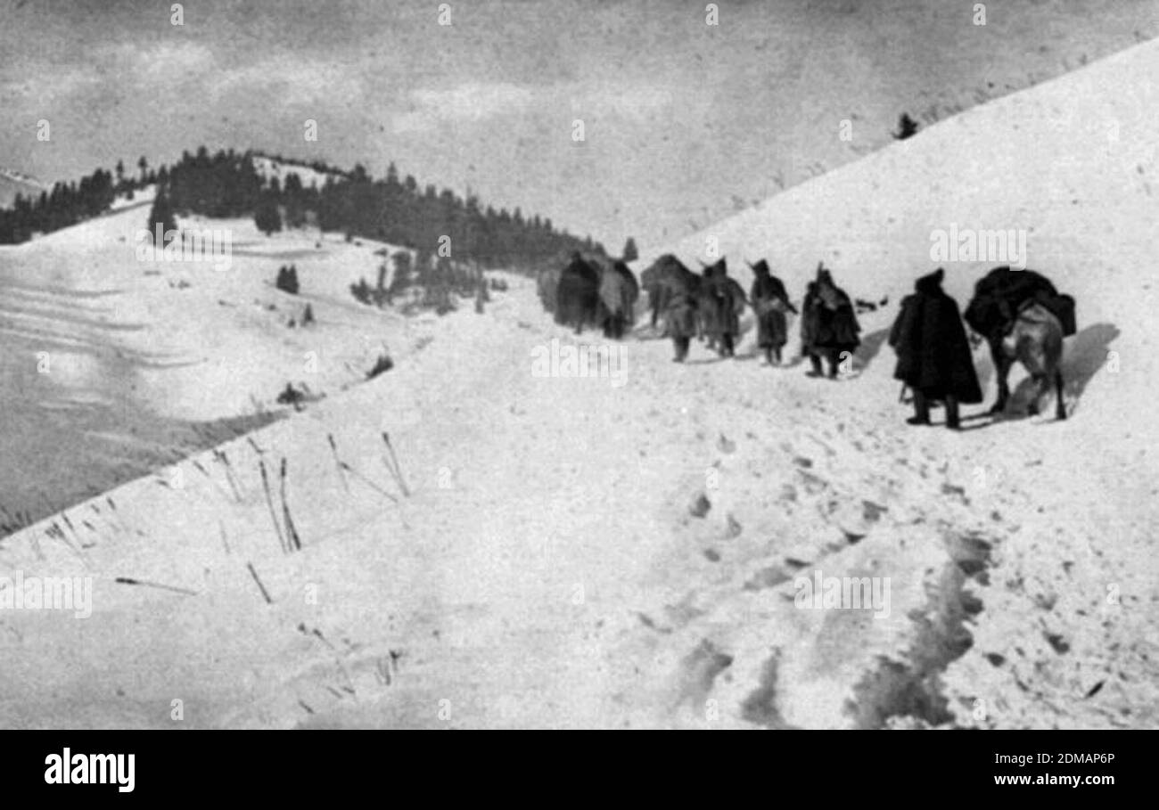 Serbian troops retreating through the mountains Stock Photo
