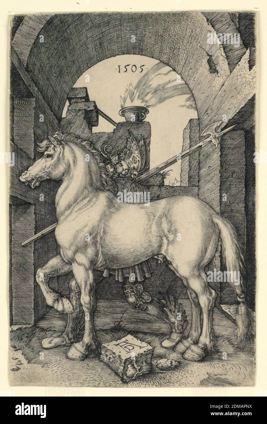 The Small Horse, Albrecht Dürer, German, 1471–1528, Engraving on cream laid paper, Within an archway a small horse stands in profile, facing left. Behind him stands a warrior, wearing a helmet with a butterfly motif, and winged sandals. His halberd rests on his right shoulder., Germany, 1505, figures, Print Stock Photo