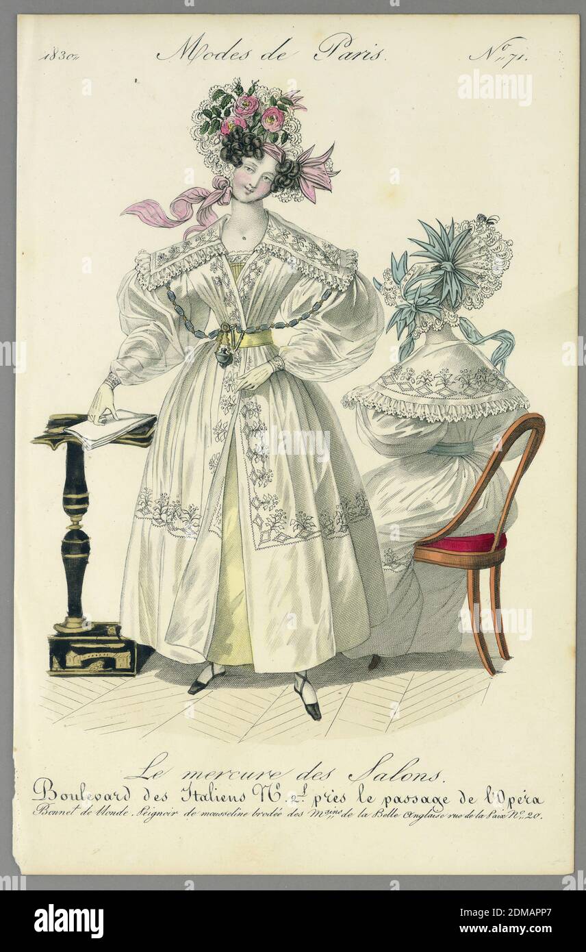 Fashion Plate from Le Mercure des Salons, Modes de Paris, Wood engraving, brush and watercolor on paper, Two women in white dresses and bonnets. One stands left, with pink and yellow trim; the other sits right, with blue ribbons on the dress. Title above and below., Paris, France, 1830, Print Stock Photo