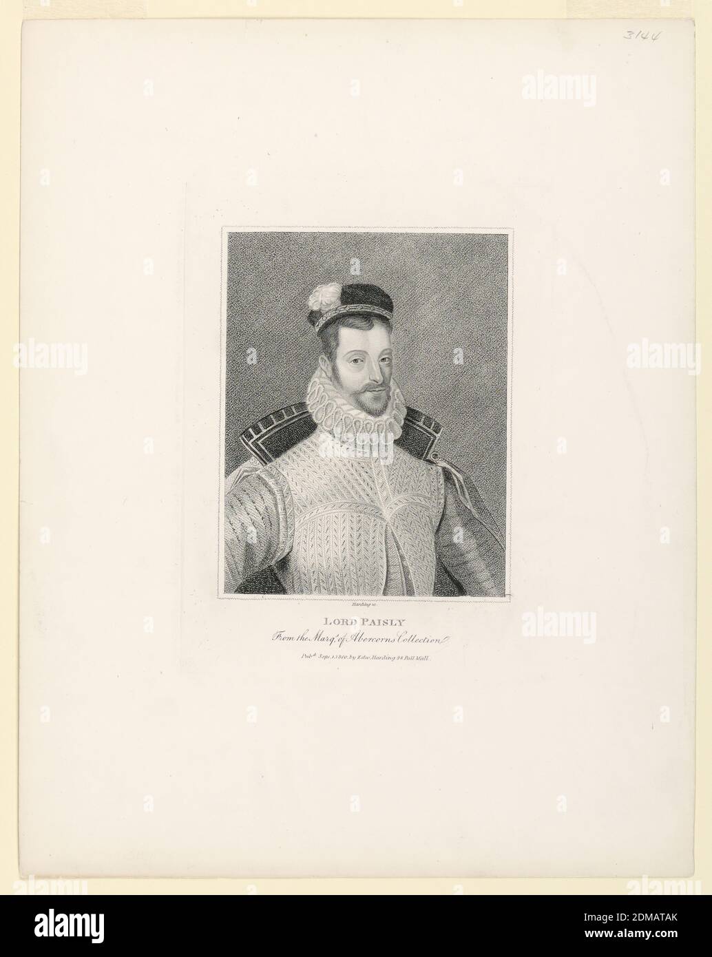 Portrait of Claude Hamilton, Earl of Paisley, Edward Harding, British, 1755 - 1840, Stipple engraving on paper, Half-length portrait of Claude Hamilton, Earl of Paisley (ca. 1543-1622), dressed in half armor, doublet and cape, a feather trimmed velvet beret on his head. He faces frontally, turned slightly to the right. Below, inscription, engraver's and publisher's names., England, 1800, Print Stock Photo