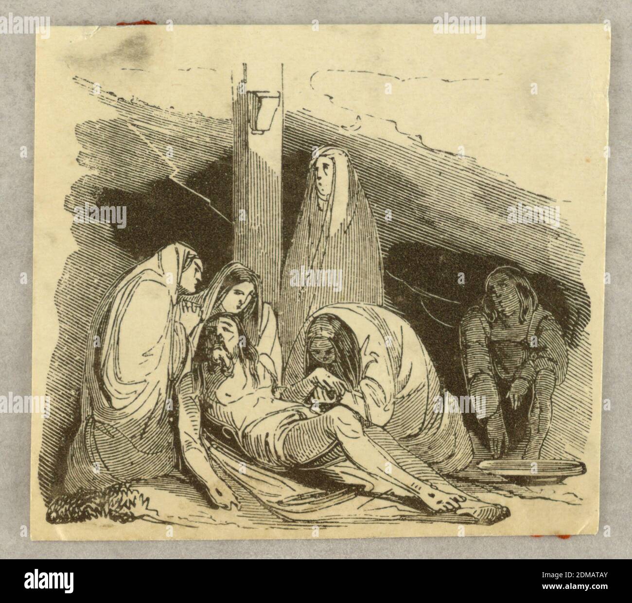 The Deposition, Wood engraving on paper, Mary Magdalene kissing the hand of the lord whose head is held by the Virgin. St. John and two more women are present., France, 1840s, Print Stock Photo
