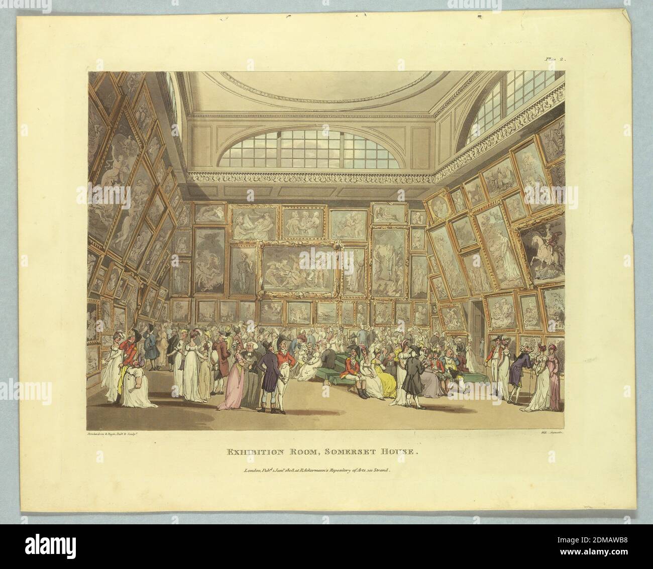 Exhibition Room, Somerset House, from 'Ackermann's Repository', Thomas Rowlandson, British, 1756–1827, Augustus Charles Pugin, French, active Great Britain, ca. 1762–1832, John Hill, British, active in the United States, 1770 - 1850, Aquatint, brush and watercolors on paper, Crowded room with couches. Paintings cover the wall space up to high windows. Title, artists', and publisher's names below., Europe, London, England, 1808, Print Stock Photo