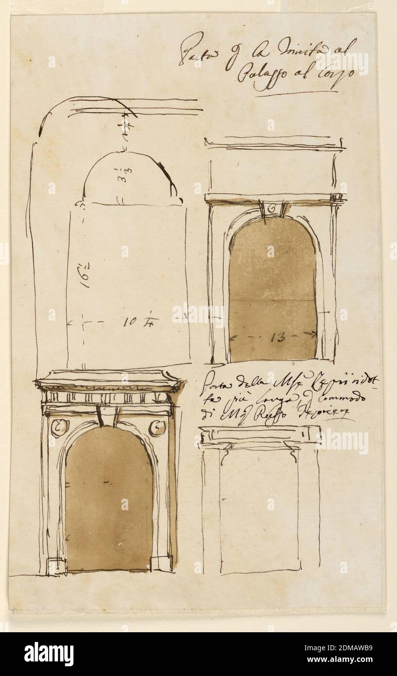 Four doorframes, Giuseppe Barberi, Italian, 1746–1809, Pen and brown ink, brush and brown wash on off-white laid paper, lined, Top row: roughly outlined sketch with measurements. An arched door opening. Bottom row: an arched door opening with an entablature including a triglyph frieze. Outline of a door opening., Rome, Italy, 1786–1790, architecture, Drawing Stock Photo