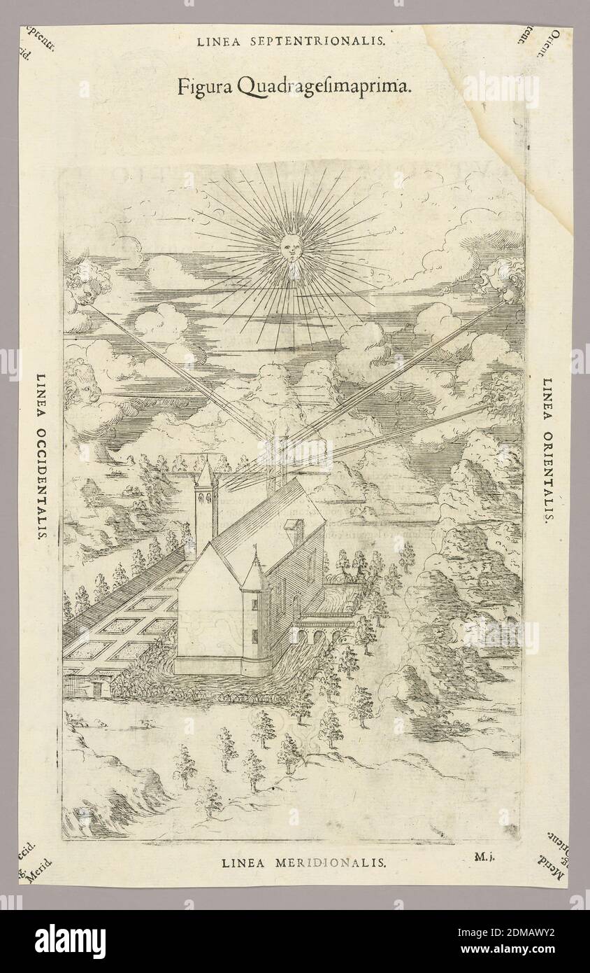 Plate XLI from Theatrum instrumentorum et machinarum, Julio Paschale, Woodcut on paper, Two towers shown on a cheateau. They are used for wind, sun's ray's, to disperse smoke; two methods. Description in Latin on verso of 1949-152-238., Lyon, France, 1582, Print Stock Photo