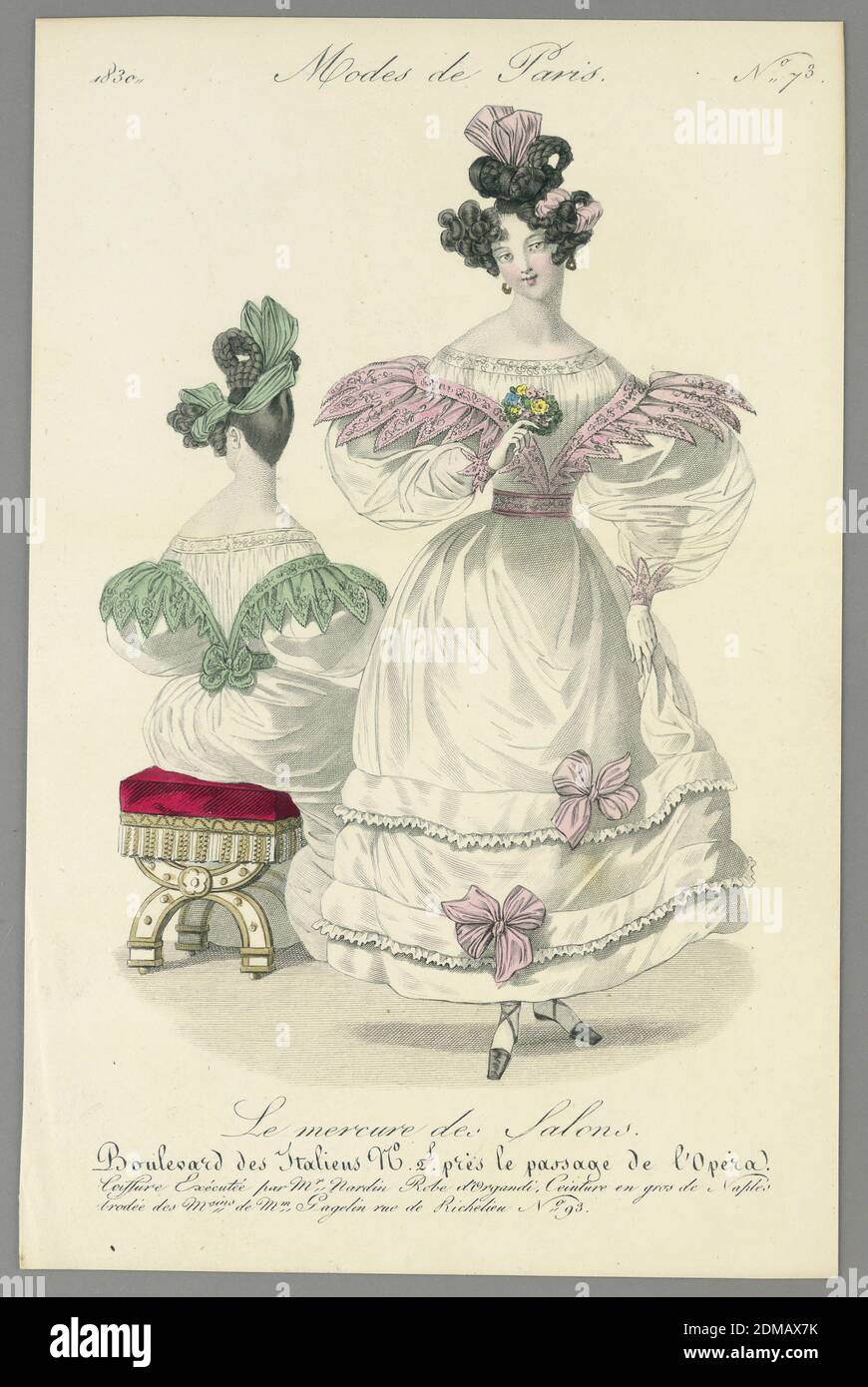 Fashion Plate from Le Mercure des Salons, Modes de Paris, Wood engraving, brush and watercolor on paper, Two women in white dresses. One stands right, with pink ribbons. The other sits facing away, at left, with green ribbons on her dress. Title above and below., Paris, France, 1830, Print Stock Photo