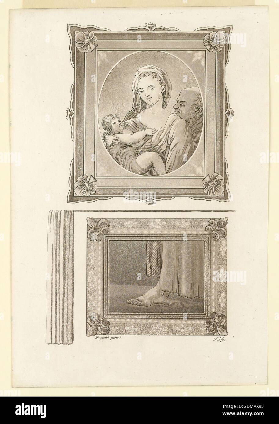 Holy Family, Samuel Ireland, English, ca. 1744–1800, William Hogarth, English, 1697 - 1764, Aquatint on paper, Showing two paintings. The upper one represents the Holy Family. The lower one a foot in side view of a person wearing a long garb. Left of the lower painting a curatin., England, 1794, Print Stock Photo