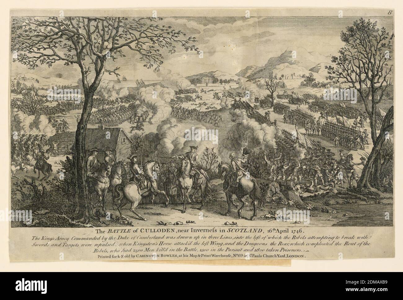 The Battles of Culloden, Scotland, Carington Bowles, British, 1724 - 1793, Engraving on paper, A mounted general salutes his officers in the foreground. In the distance massed troops in formation are in battle. Ships in the left distance., London, England, ca. 1760-1770, Print Stock Photo