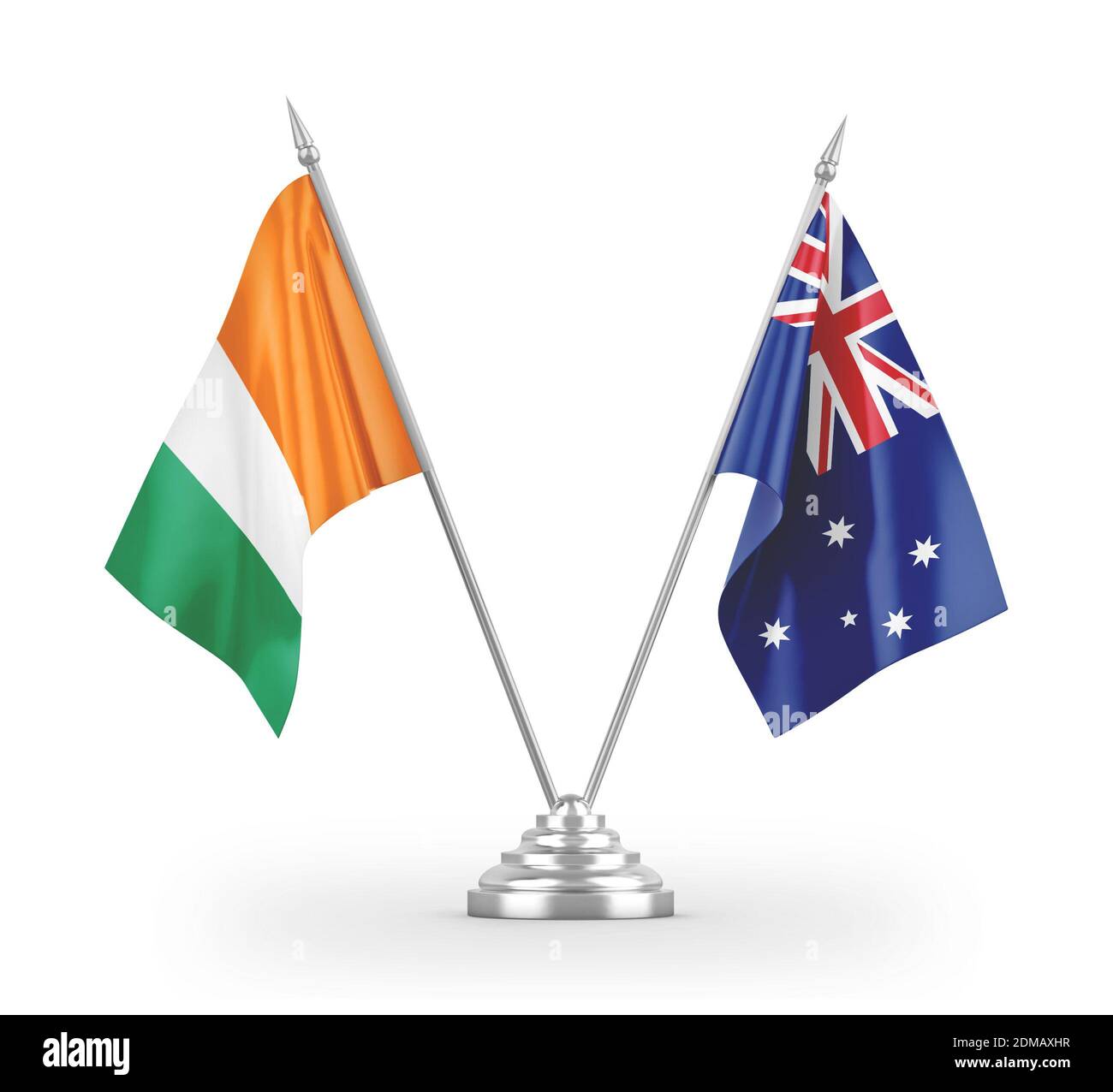 Australia and Cote d'Ivoire Ivory coast table flags isolated on white 3D rendering Stock Photo