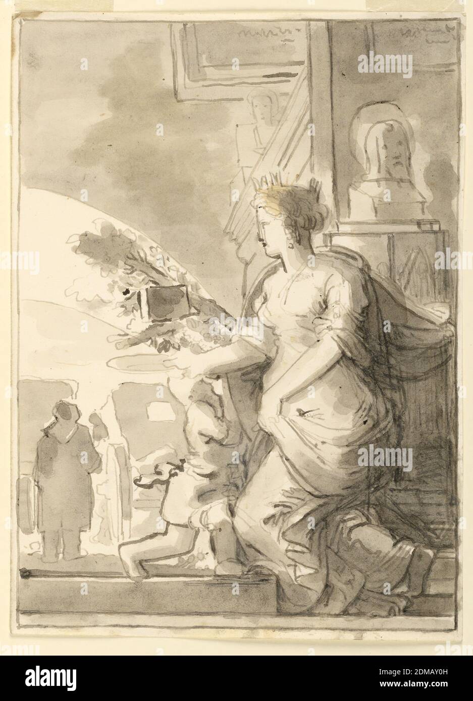 Sketch, Allegory in Architectural Setting with Sculpted Bust, Fortunato Duranti, Italian, 1787 - 1863, Pen and ink, brush and sepia wash on paper, Sketch, Allegory in Architectural Setting with Sculpted Bust, Rome, Italy, 1820–1850, Drawing Stock Photo