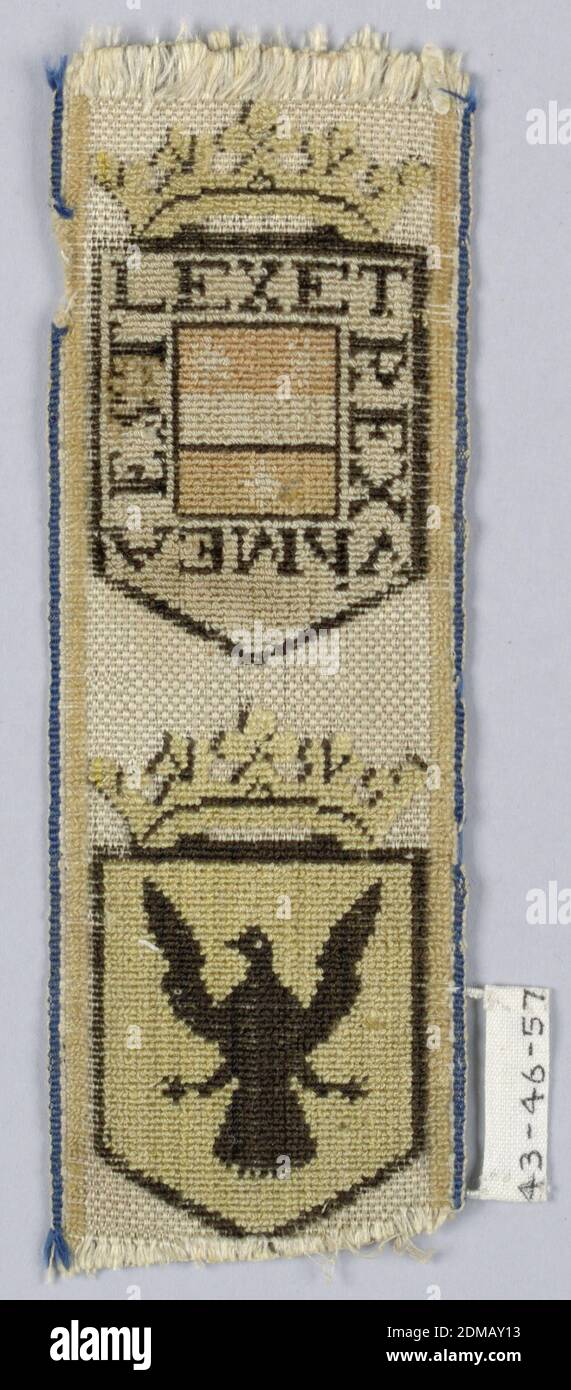 Trimming, White, black, and colored silks in voided velvet weave., Two shields, each under a crown, one displaying arms with motto, 'Vis mea est lex et rex.' (Trans. 'My strength is law and king.') The other, a spread eagle, in black, yellow, and tan on a white ground., Italy, early 19th century, trimmings, Trimming Stock Photo