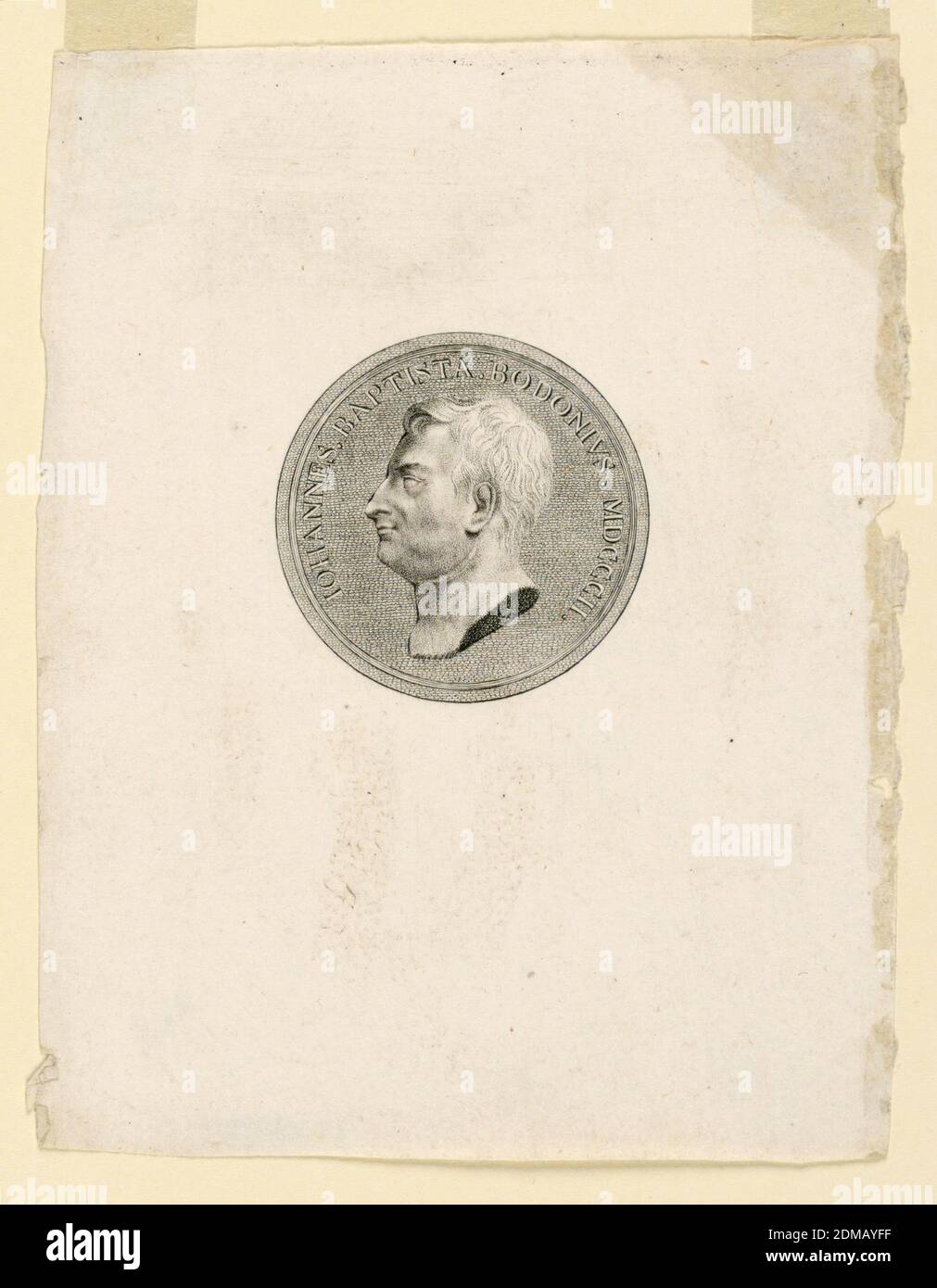Portrait of Giambattista Bodoni (1740-1813), Engraving on paper, Circular portrait of a form of a medal. Depicting the head only. In profile view., Italy, 1802, Print Stock Photo