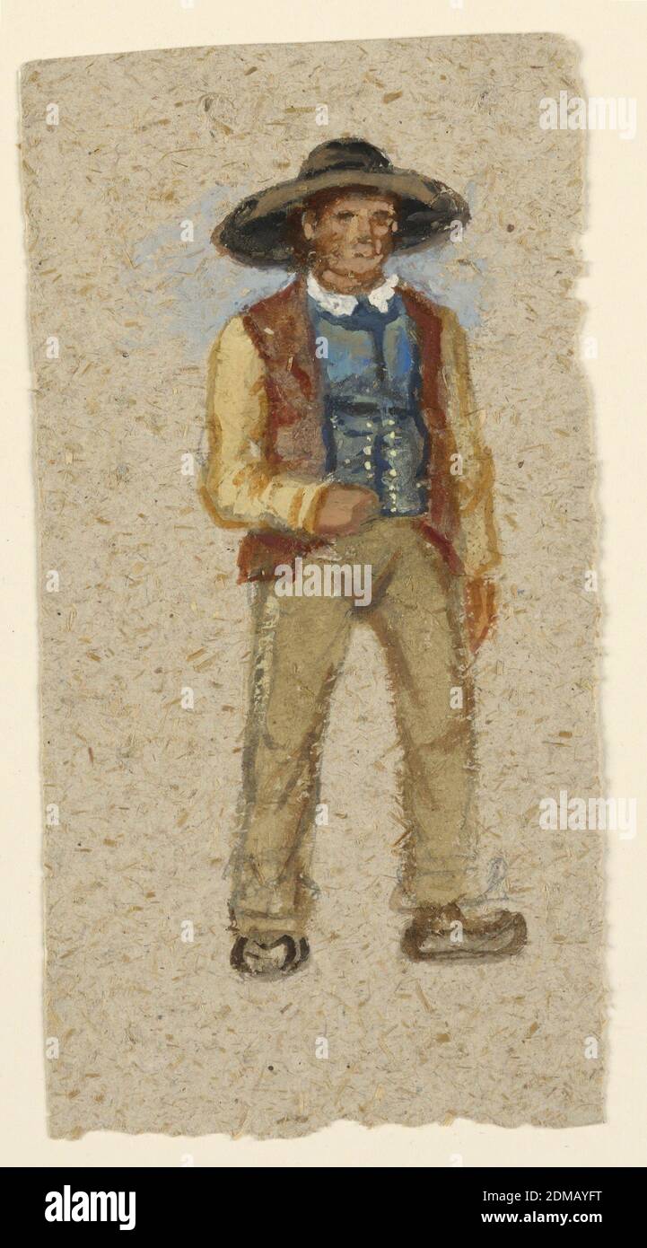 Sketch of a French Peasant, Samuel Colman, American, 1832–1920, Brush and watercolor, gouache, graphite on rough brown-grey paper, Man shown obliquely from the front, walking, wearing wooden shoes and a large hat. Red-brown coat with yellow sleeves, blue waistcoat, and brown trousers., USA, France, 1874, figures, Drawing Stock Photo