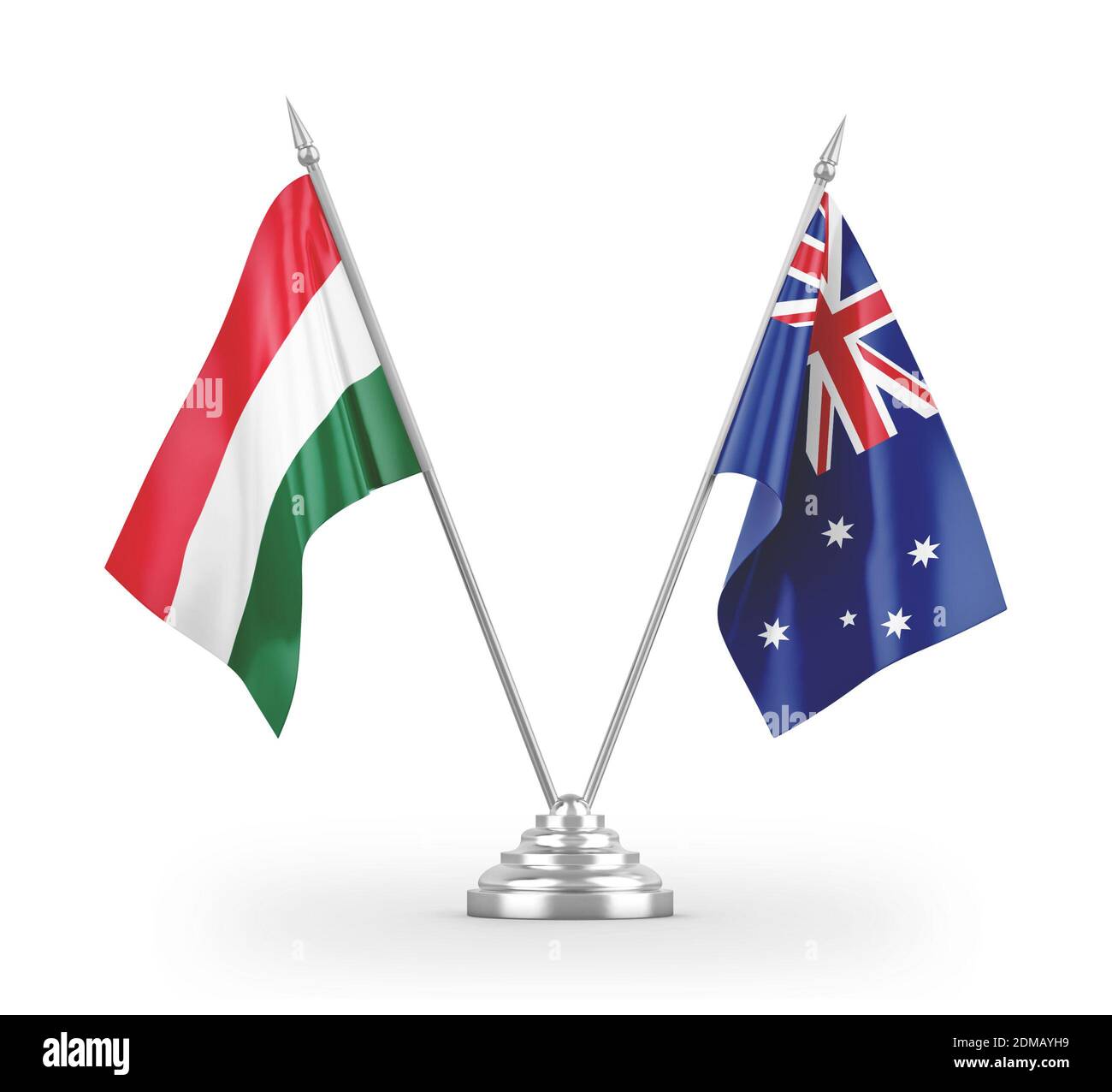 Australia and Hungary table flags isolated on white 3D rendering Stock Photo