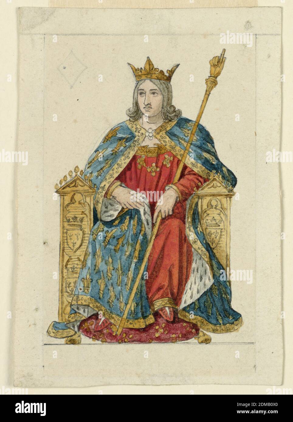 Design for a Playing Card: King of Diamonds, Graphite, brush and watercolor on paper, A French king upon a Gothic throne., France, 1825–1850, Playing Card, Playing Card Stock Photo
