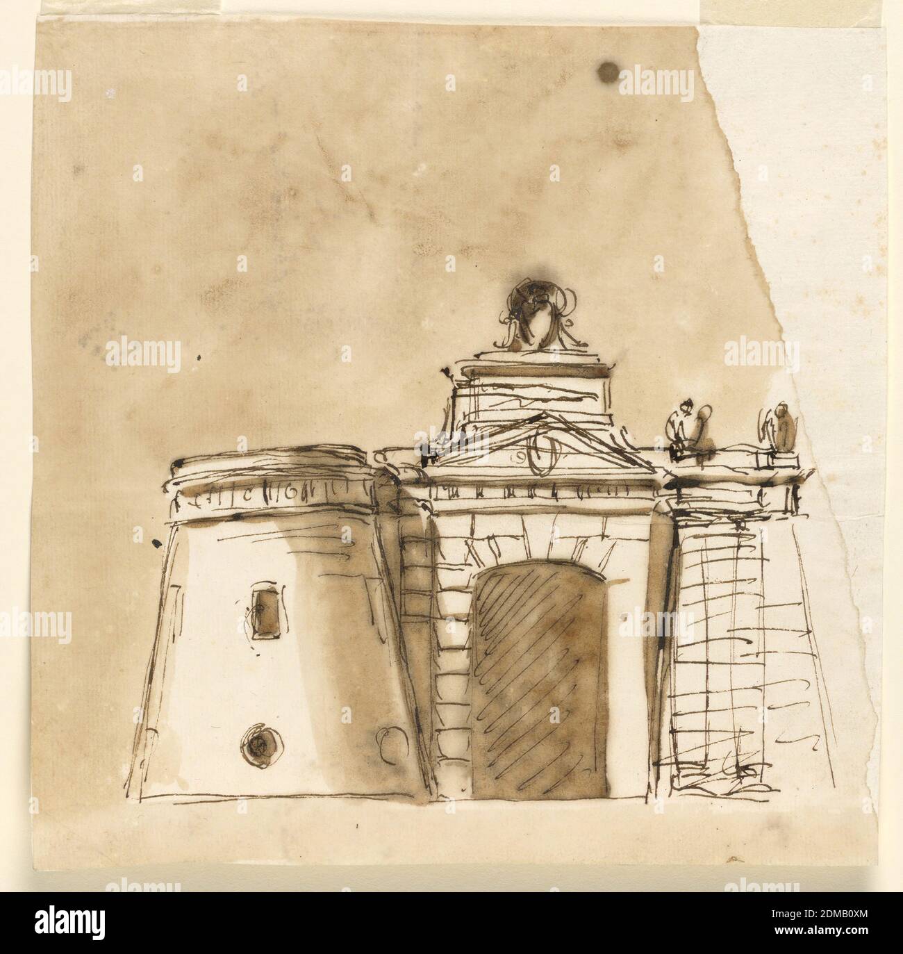 Gateway of a town with alternatives, Giuseppe Barberi, Italian, 1746–1809, Pen and brown ink, brush and brown wash on off-white laid paper, lined, Rustic door frame with triangular pediment and topped by an escutcheon on a pedestal. A tower is a cone shape at left, kind of pylon, at right. Colored., Rome, Italy, 1780–1790, architecture, Drawing Stock Photo