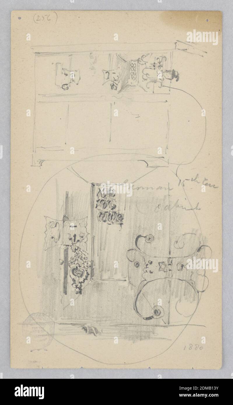 Cabinet, Robert Frederick Blum, American, 1857–1903, Graphite on wove paper, Sketch of a six-paneled cabinet with details of fixtures., USA, 1880, furniture, Drawing Stock Photo
