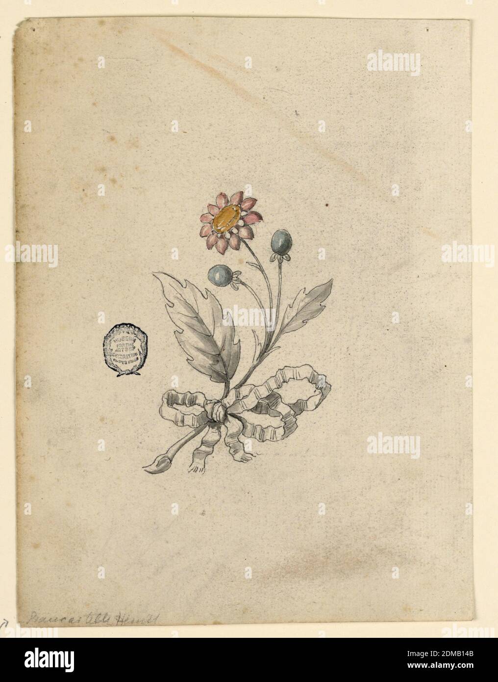 Project for a Corsage, Pen and ink, brush and watercolor on paper, A branch with two leaves, two buds, a blossom and a knot., Italy, 1825–1850, jewelry, Drawing Stock Photo