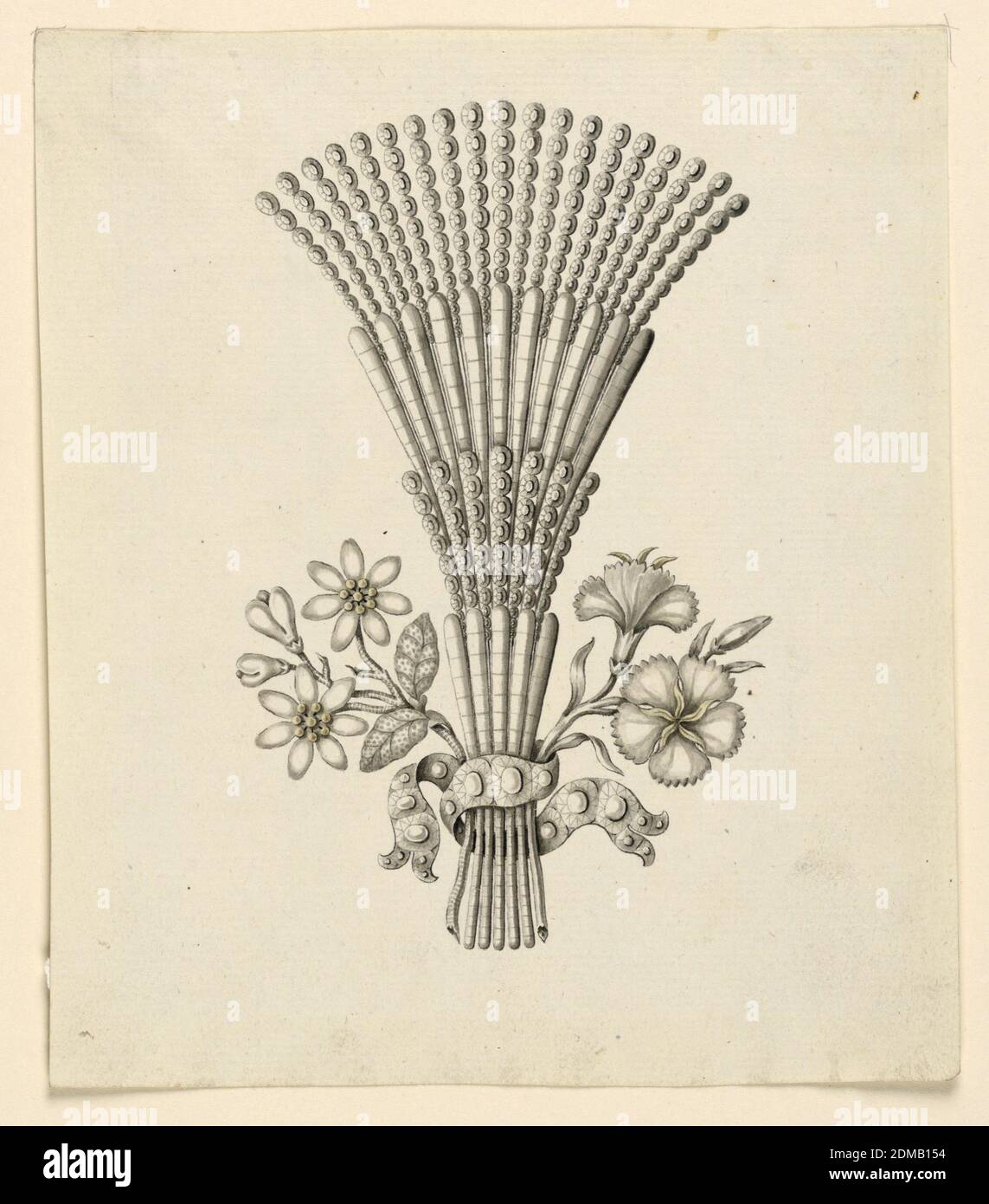 Design for a Hairdress, Pen and black ink, brush and gray, yellow watercolor on paper, Jewelry design for a hairdress. A bunch of seven branches, fastened by a ribbon. The central ones are fan-like with alternating parts of bars and rows of disks. Outside, two branches with blooming flowers (carnations)., probably Naples, South Italy, Italy, late 18th century, jewelry, Drawing Stock Photo
