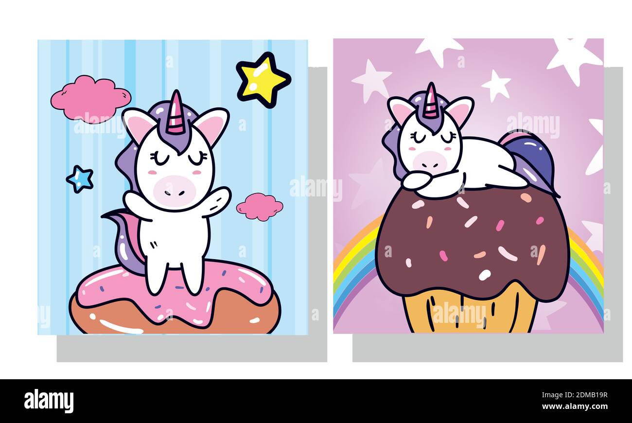 Unicorns Horses Cartoons With Cake And Cupcake In Frames Design Magic