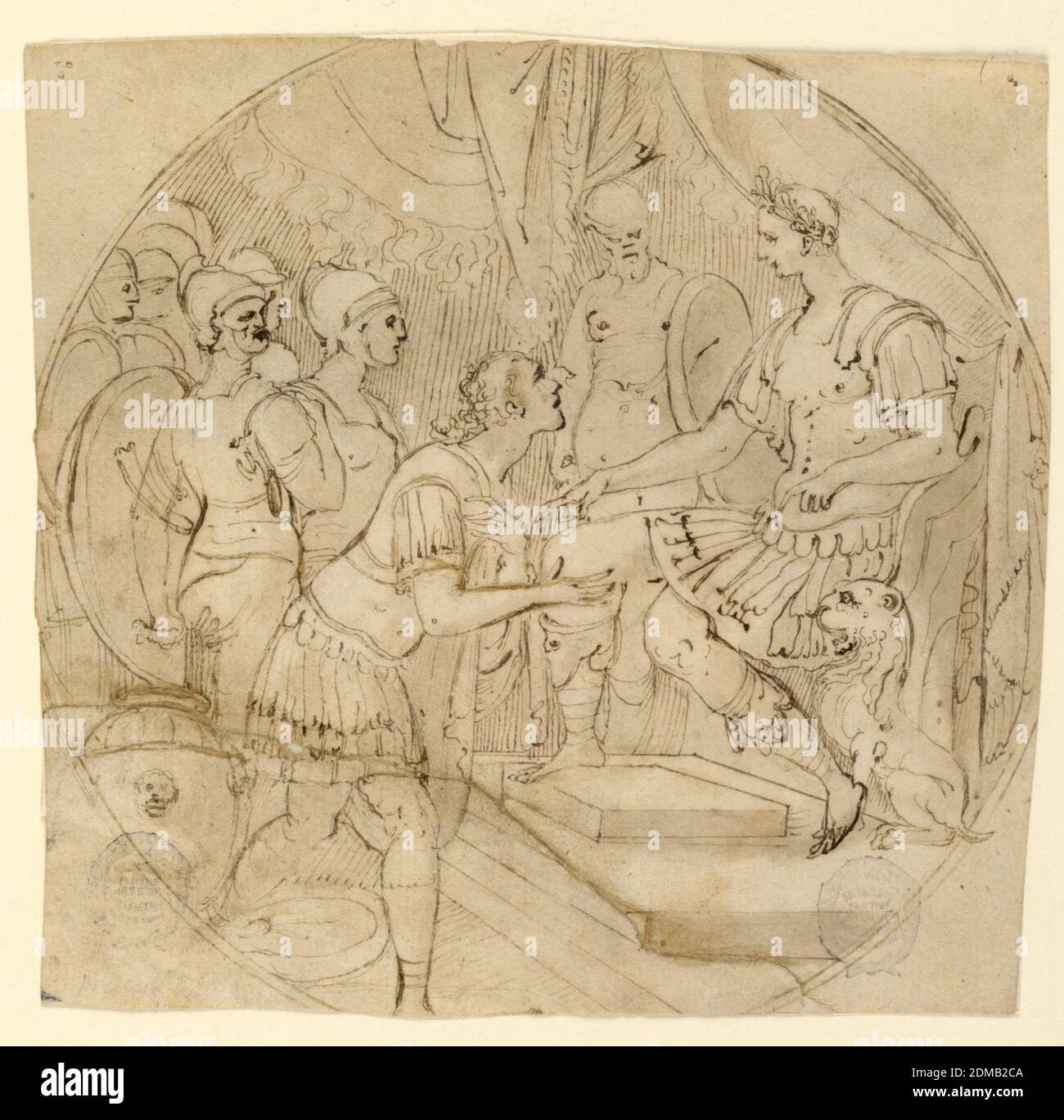 Design for a Plate or a Tondo: Soldiers supplicant before a Roman General, Pen and brown ink, brush and brown wash over black chalk on cream-colored laid paper, Italy, mid-16th century, figures, Drawing Stock Photo