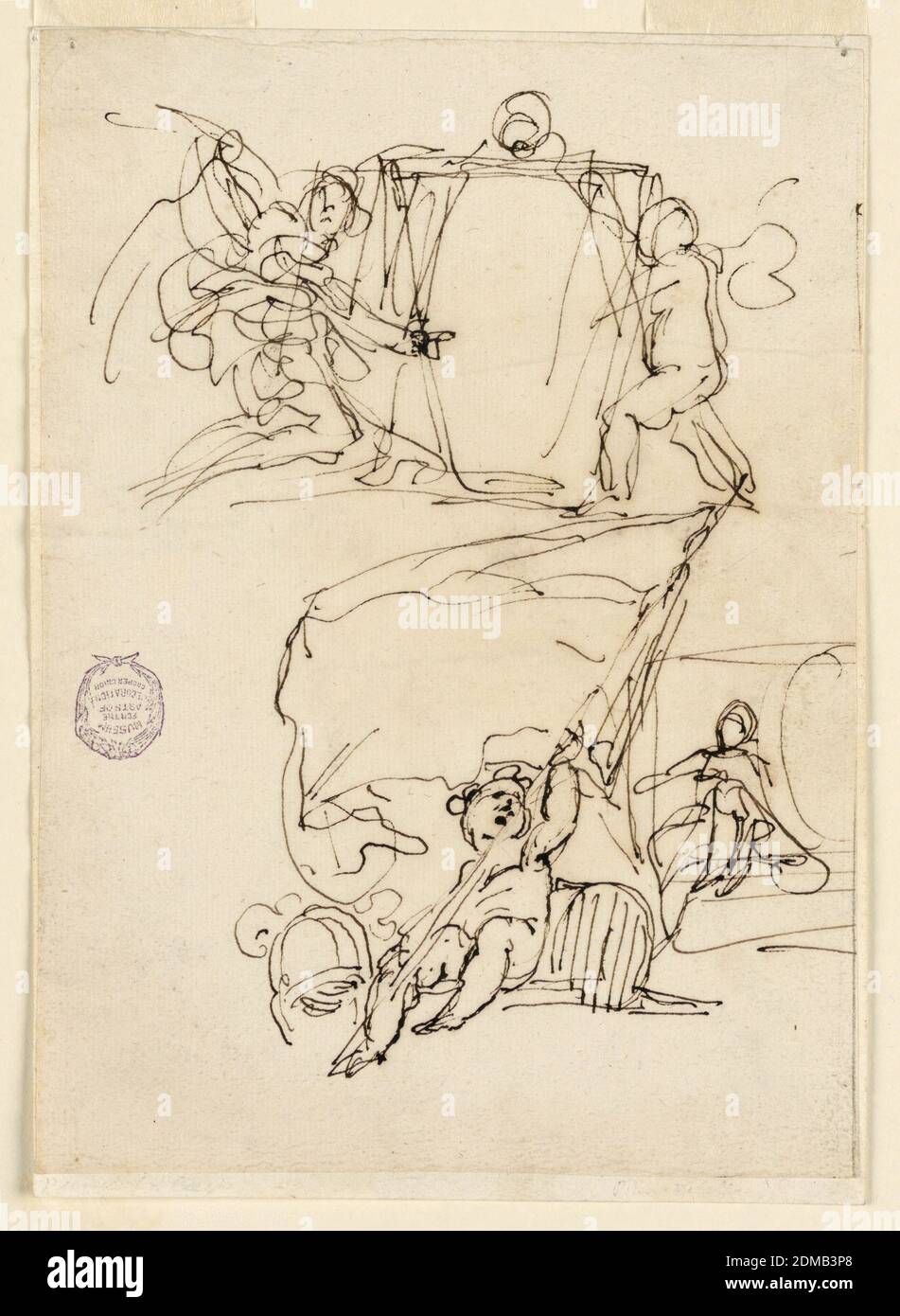 Three sketches, Carlo Marchionni, Italian, 1702–1786, Pen and ink on laid paper, Above escutcheon supported at left by a kneeling large angel, at right by a standing smaller one. Below: left, putto sitting between trophy, holding big banner; right female figure sitting beside escutcheon, a cresting., Italy, before 1775, figures, Drawing Stock Photo