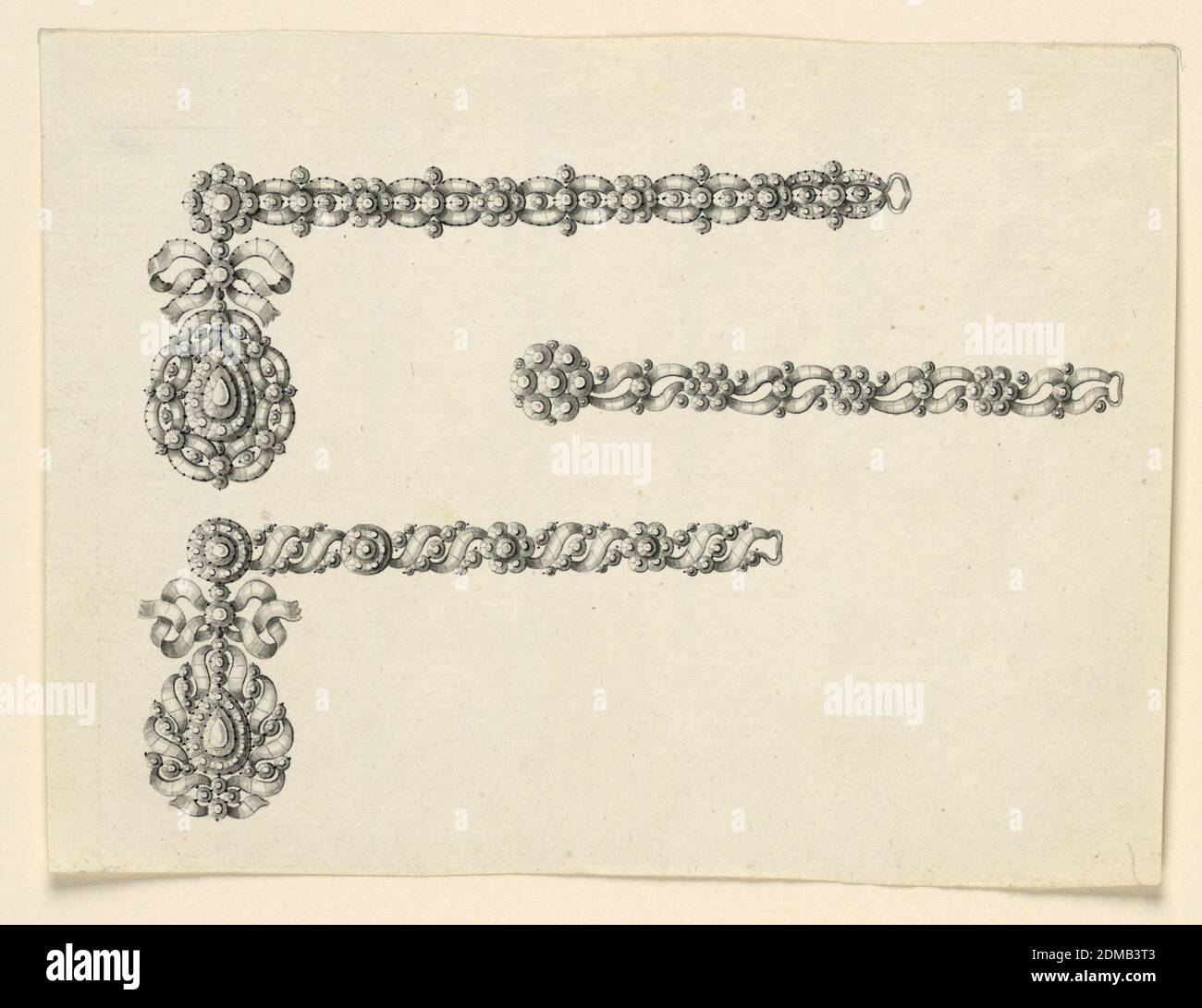 Designs for Two Necklaces and a Chain, Pen and black ink, brush and gray watercolor on paper, Jewelry designs for two necklaces and a chain. The right sides, each below the other. Above, the chain consists of entwined bands, connected by blossoms; hanging on a knot a drop framed by the entwined bands. The chain consists of entwined scrolls, connected by blossoms; below, a scroll of loosely flowing ribbon is connected by disks; hanging on a knot, framed by the ribbon scrolls, having the shape of a palmette., probably Naples, South Italy, Italy, late 18th century, jewelry, Drawing Stock Photo